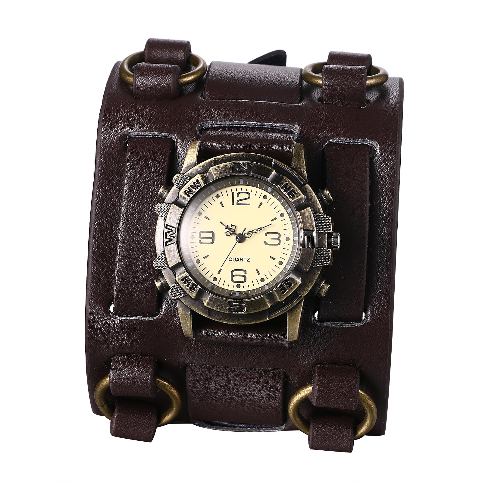 Black Brown Hip-hop Gothic Punk Style Men Watch Wide Leather Fashion Cuff Wristwatch for Valentine's Day