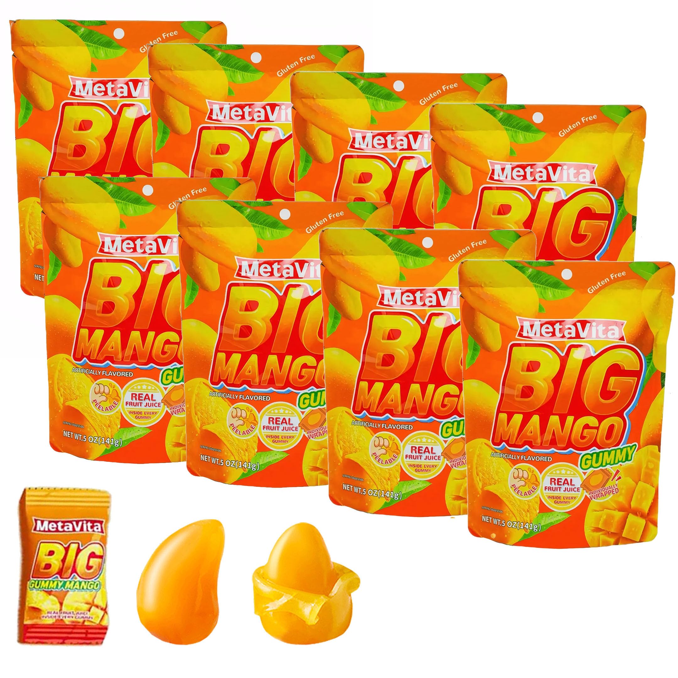 (8 Packs 2.8LB）MetaVita Peelable Mango Candy – Individually Wrapped peelable Gummies Candy-Real Mango Puree – Big Chewy Gummy Candy, Gluten-Free, Fun to Peel