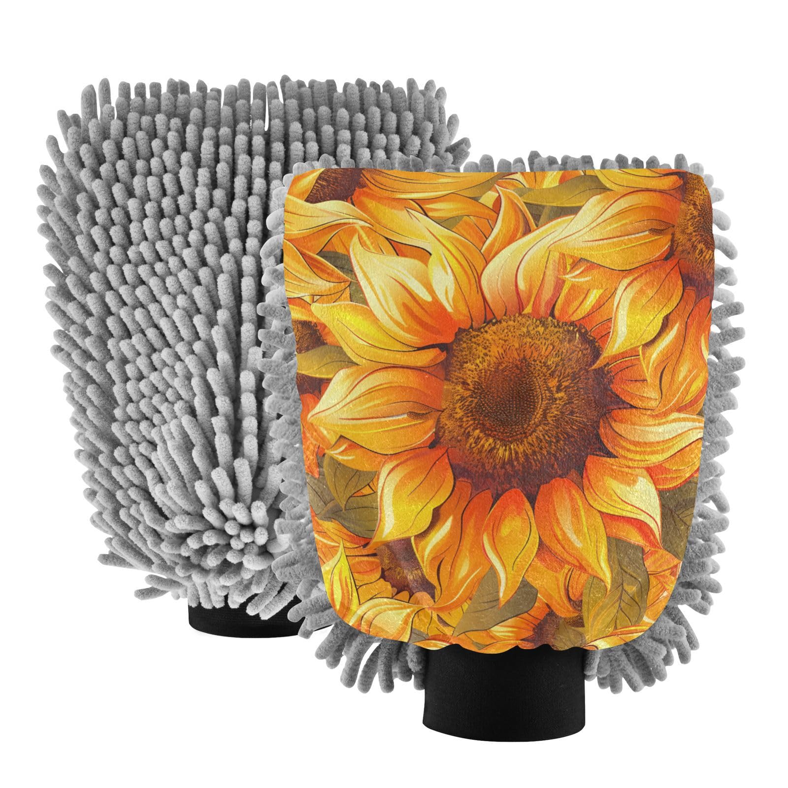 IOACIY Absorbent Microfiber Car Wash Drying Mitts, 2 Pack, Scratch-Free & Lint-Free, Rich Foam, Highly Absorbent, Double Sided, Wash Mitt Perfect for Car Washing, M, Sunflower (21)