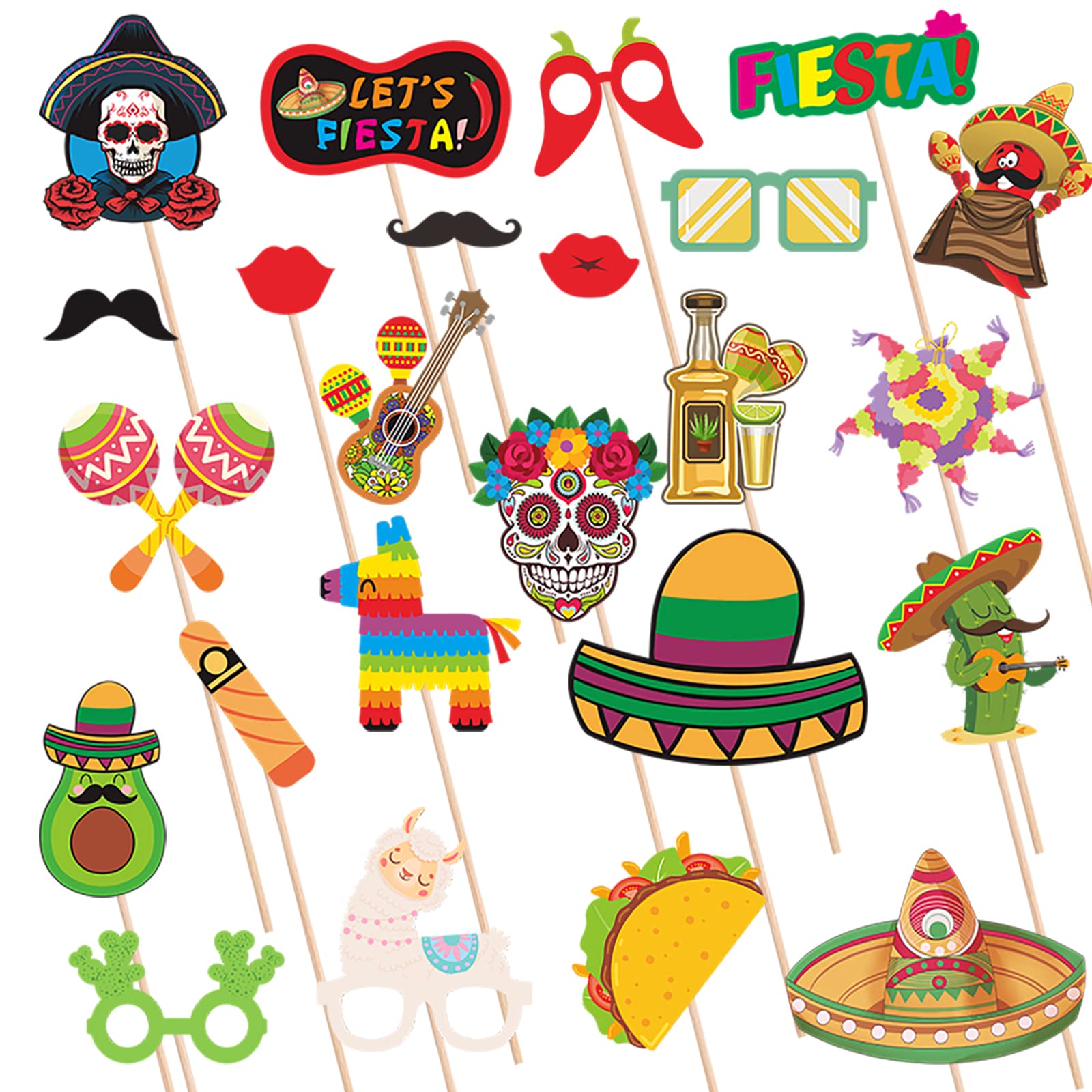 Gukasxi 24 Pieces Mexican Fiesta Party Photo Booth Props, Funny Party Selfie Props, Mexican Carnival Party Supplies, Cinco De Mayo Decorations, Mexican Themed Party Decorations