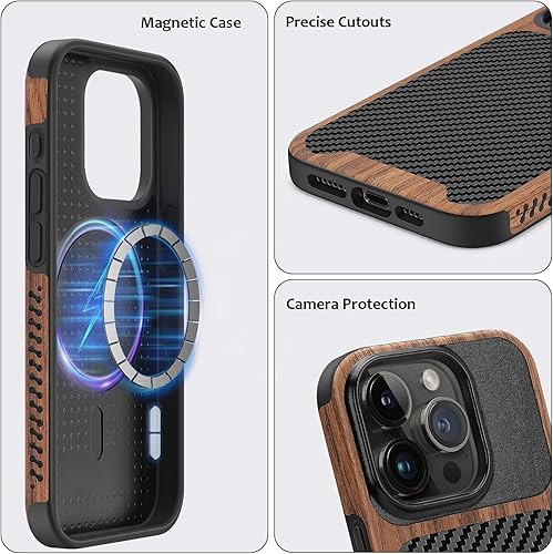 Miniatura 6 de ZZDZZ Funda magnética compatible con iPhone 15 Pro compatible con MagSafe diseño de fibra de carbono de madera y cuero, funda híbrida a prueba de