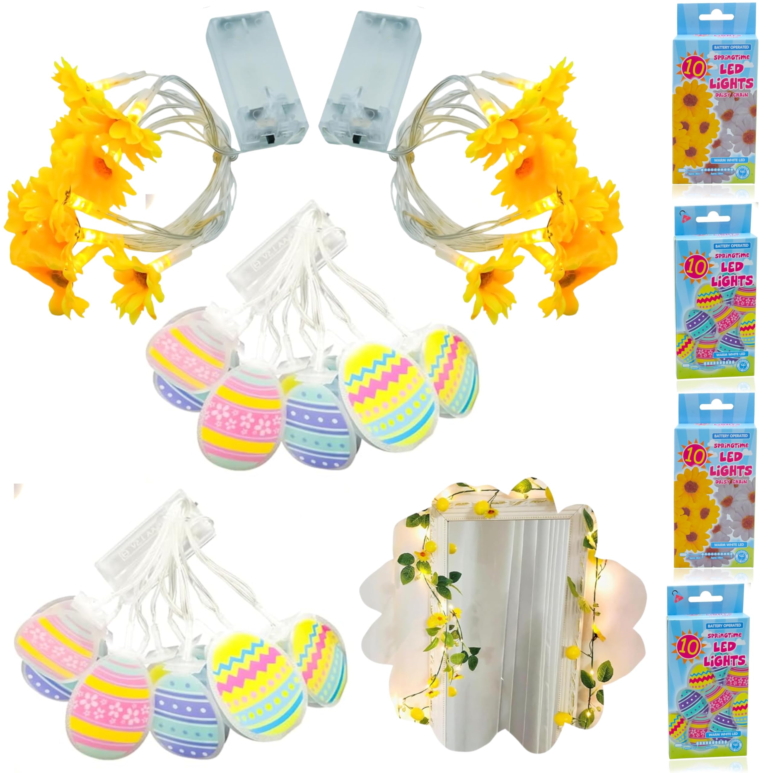 Easter Yellow Daisy & Egg Fairy Lights 4PK, Battery Operated 10 LED Warm White String Lights 1.65m Each, Spring Festive Decoration, Home, Bedroom, Party, Table, Wall, Classroom, Easter Party Décor