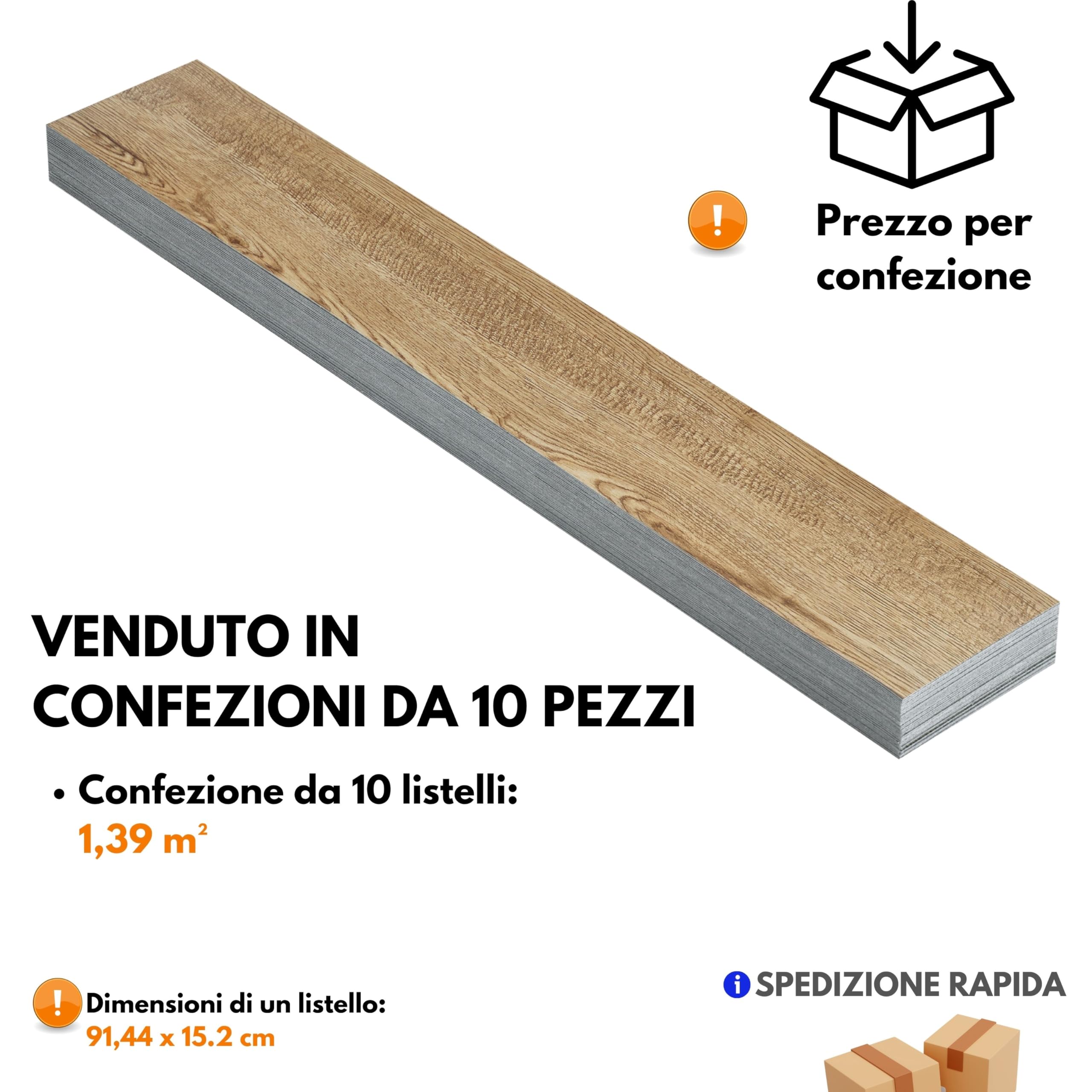 Pavimento PVC Adesivo – Confezione da 10 Doghe, Copertura 1,39 m², Impermeabile Piastrelle Adesive Pavimento Ogni Doga 91,4 x 15,2 cm – Marrone Effetto Legno Rovere Miele per la Casa, Ufficio