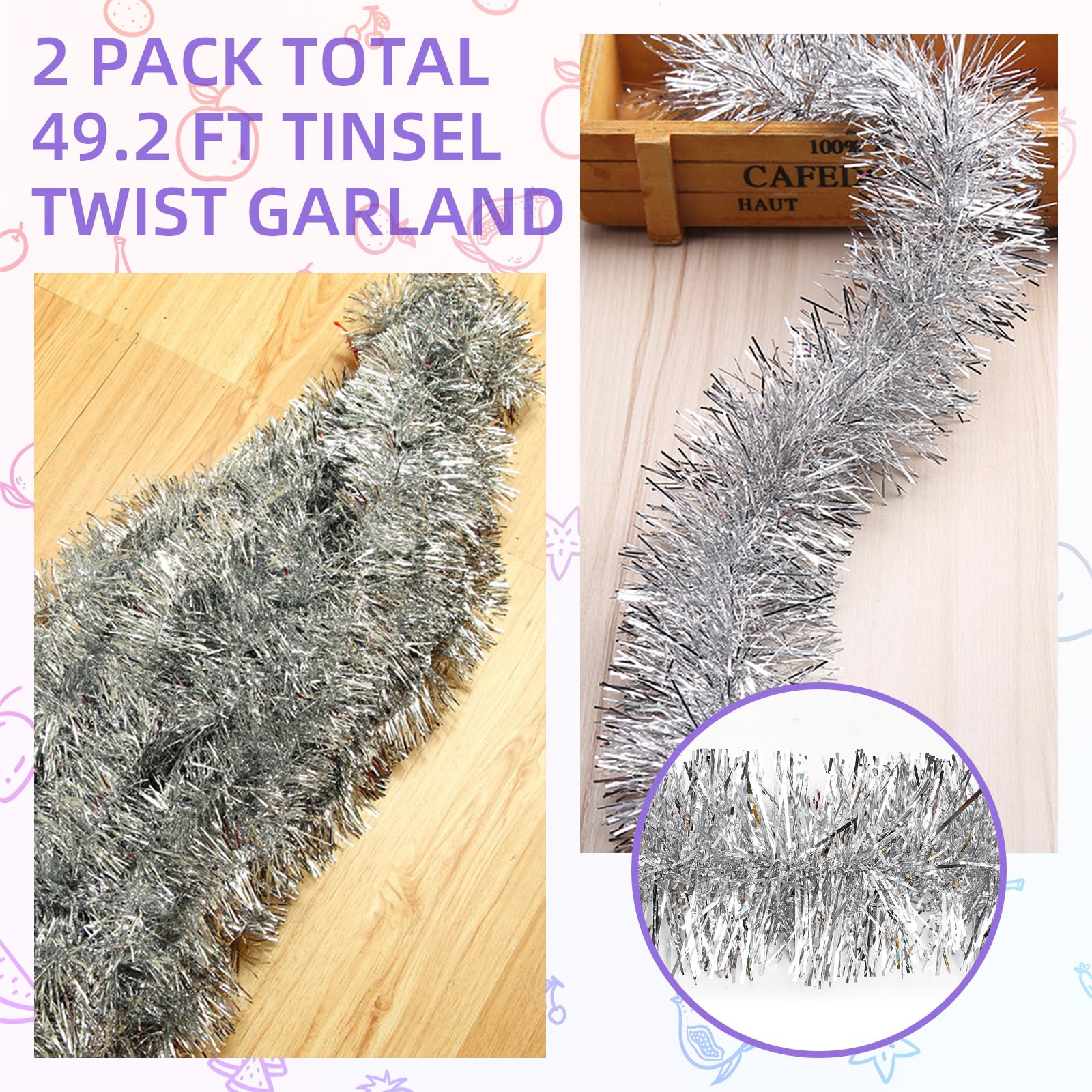 Lot de 2 guirlandes de Noël argentées de 7,6 m - Décoration murale - Pour sapin de Noël, fête d'anniversaire (15 m, argenté)