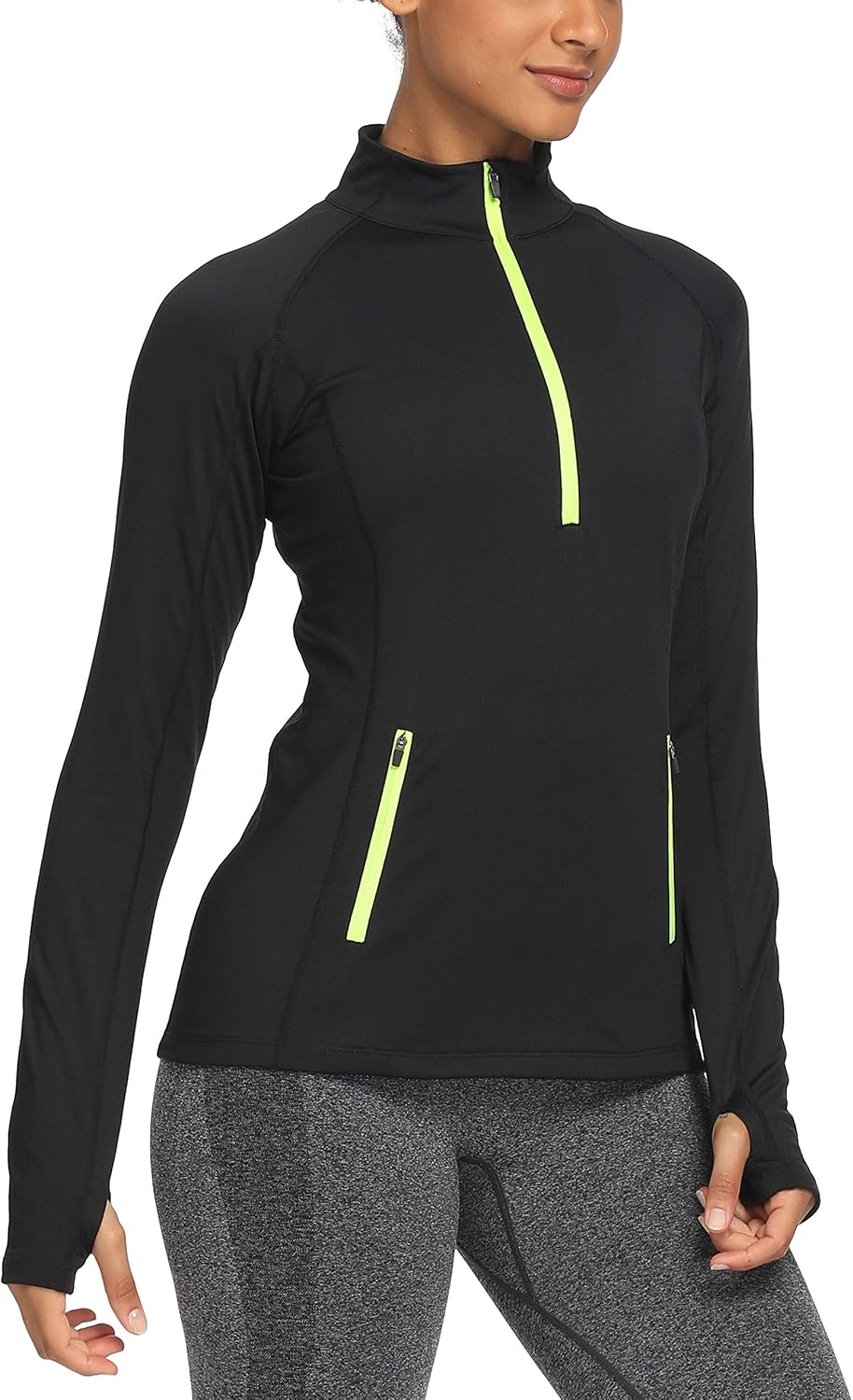 CQC Women's Fleece Thermal Running Jacket Half Zip Pullover Long Sleeve Shirts Athletic Running Top with Thumb Holes Black L : Clothing, Shoes & Jewelry