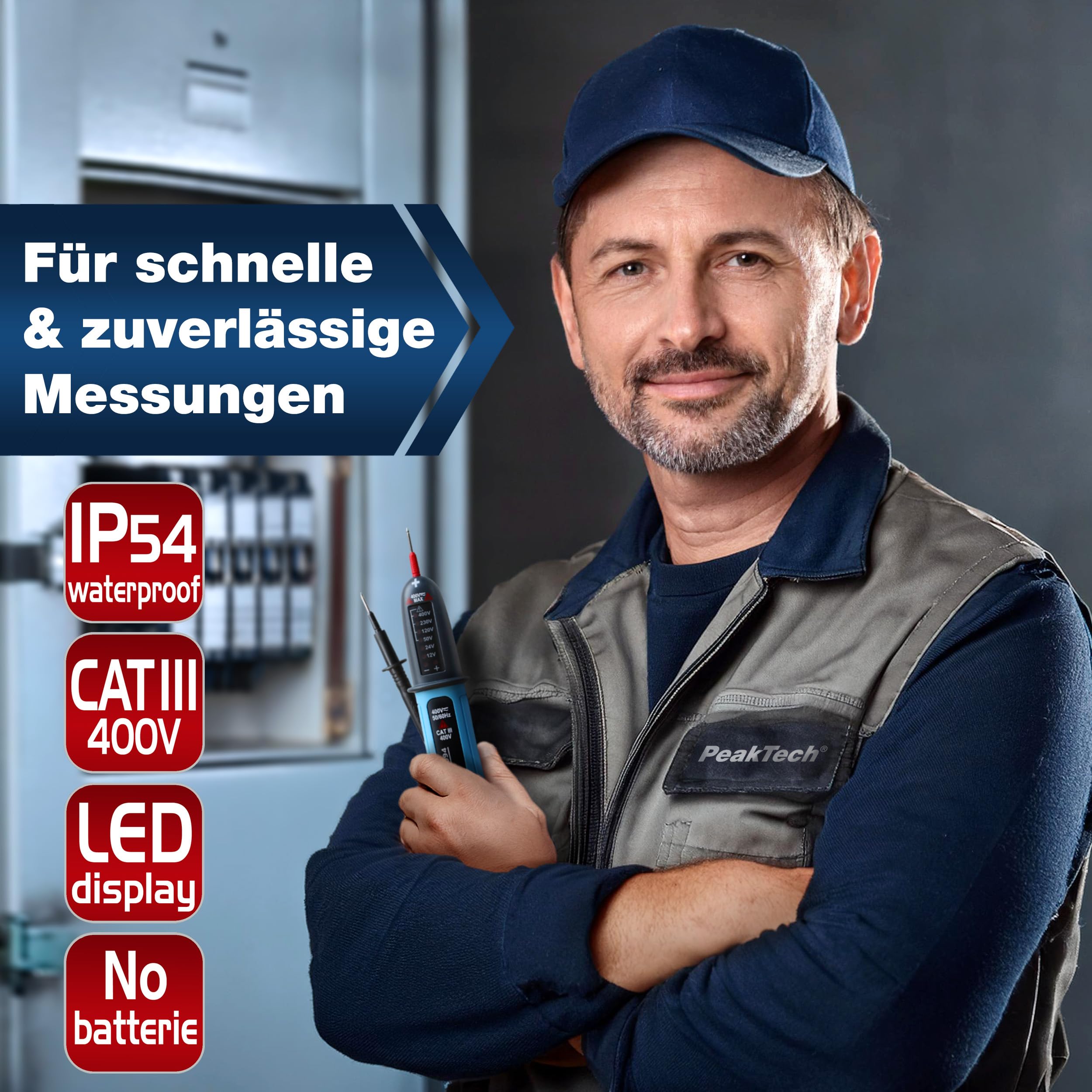 PeakTech, P1094, Comprobador de tensión digital bipolar CA/CC de 12 V a 400 V, Comprobador de corriente de calidad con pantalla LED y señal acústica de advertencia, Voltímetro con clase de protección