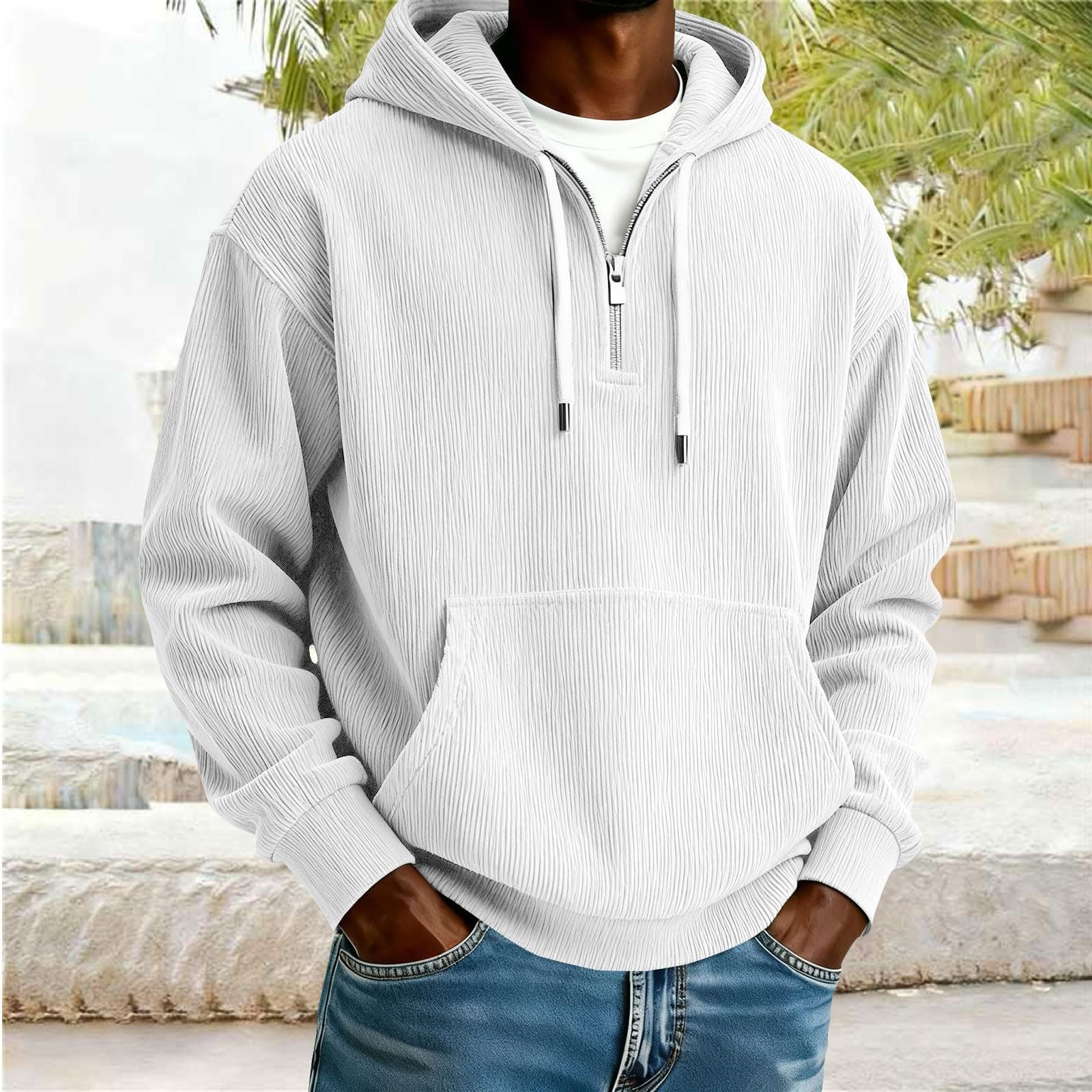 Sudaderas Hombres con Capucha Sudadera De Manga Larga Botones Y Media Cremallera para Hombre, Estilo Casual Otoño E Invierno. Hombre Negra (White, M) Impermeable Chaqueta Camisa Ropa