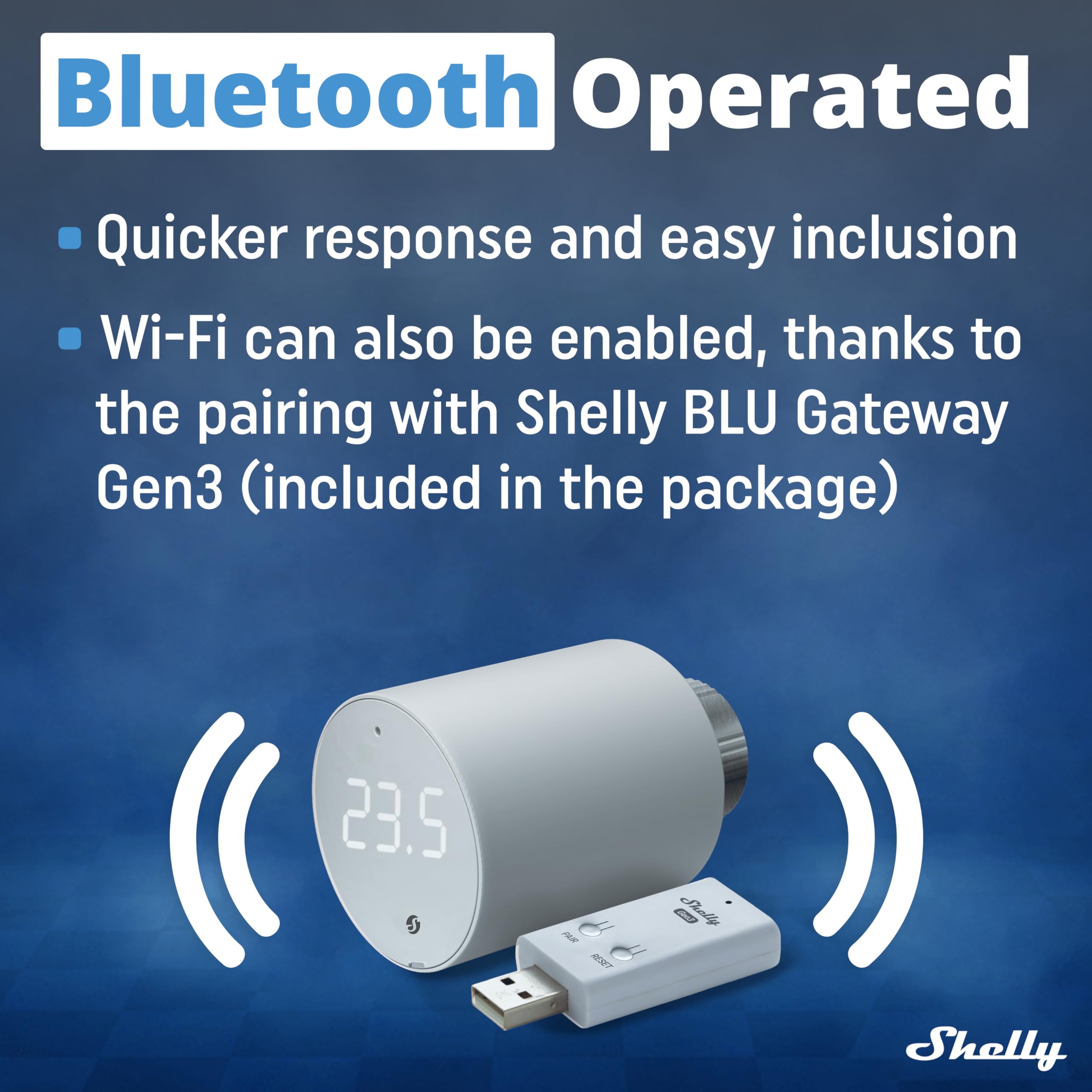 Shelly Blu TRV & Shelly Blu Gateway Gen3- Inteligentny Termostat Grzejnikowy, Precyzyjna Kontrola Temperatury, Obrotowy Ekran, Długotrwałe Baterie, Bluetooth Do Wi-FI Gateway W Zestawie