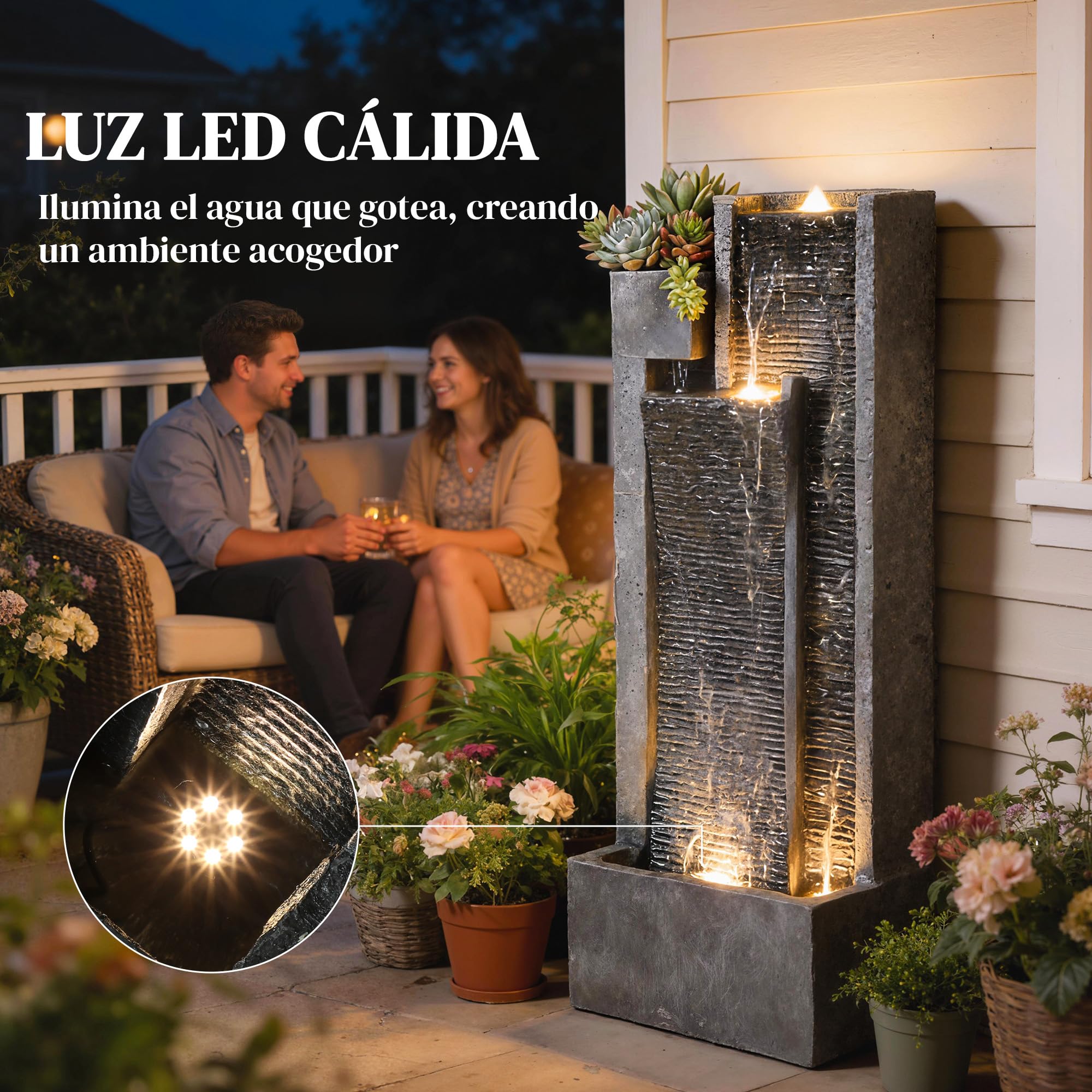 Outsunny Fuente de Agua Decorativa con Iluminación LED y Maceta, Fuente de Jardín Exteror en Cascada de 3 Niveles, con Bomba, Resistente a la Intemperie, para Jardín, Patio, 38x19x101 cm, Gris Oscuro