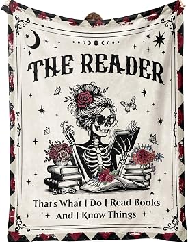 Book Lovers Gifts-Gothic Blanket for the Reader-Book Lover Gifts for Women-Bookworm Bookish Reading Prensent-Skeleton Blanket for Christmas, Halloween & Birthday-Soft Throw 60"x50"