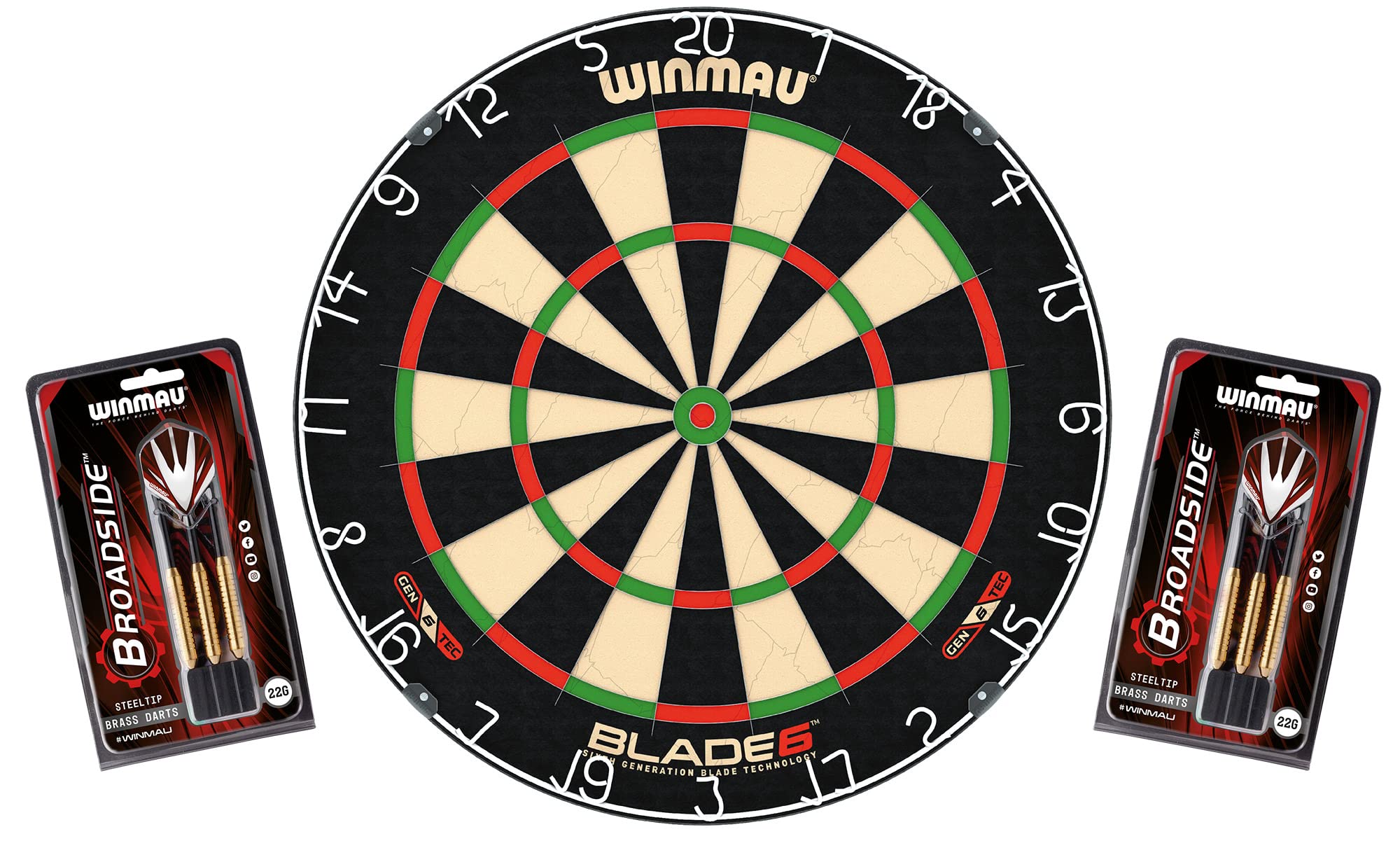 Winmau Dartscheibe Blade 6 + 2 Steeldarts Broadside – Vollständiges Dartboard-Set mit Montagesystem