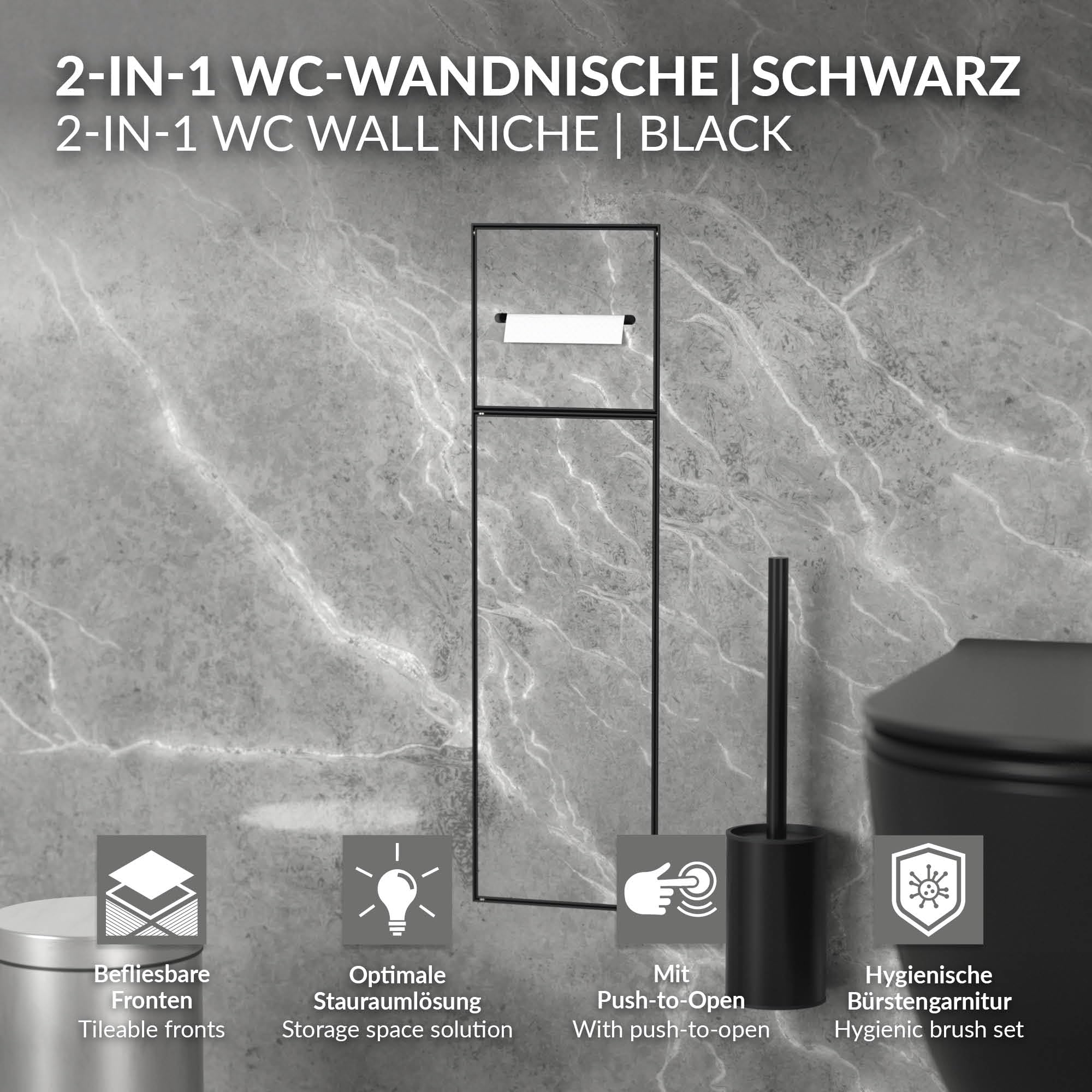 LuxeBath Unterputz-Schrankmodul aus Edelstahl für die Klobürstengarnitur, Schwarz, 60x20x14 cm, Badezimmerschrank mit Toilettenpapierhalter, Einbauschrank für Toilettenbürste, WC Wandnische befliesbar
