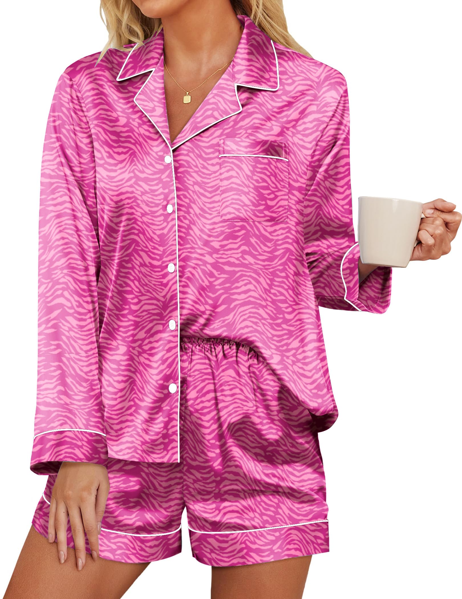 Ekouaer Silk Pajamas for Women Satin Pajama Set Shorts and Top Long Sleeve Silky PJ Soft Loungewear Sleepwear Button Down