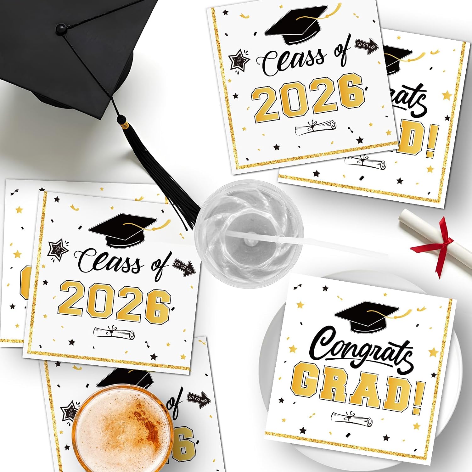 50 Pcs Graduation Napkins Decorations - White Gold Class of 2026 Congrats GRAD 3-Ply Paper Cocktail Dinner Napkins Set for 2026 Graduation Party Supplies Table Decor Favors, 6.5 x 6.5 Inch