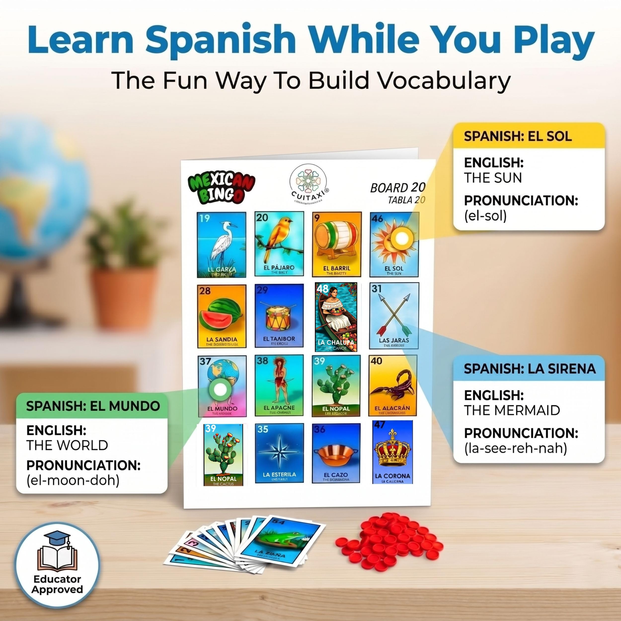 The Original Loteria Mexican Bingo Game with 100 bingo chips for 20 Players - loteria de lujo mexicana - loteria mexicana - Juegos de mesa - spanish games Mexican bingo loteria game - loteria cards F