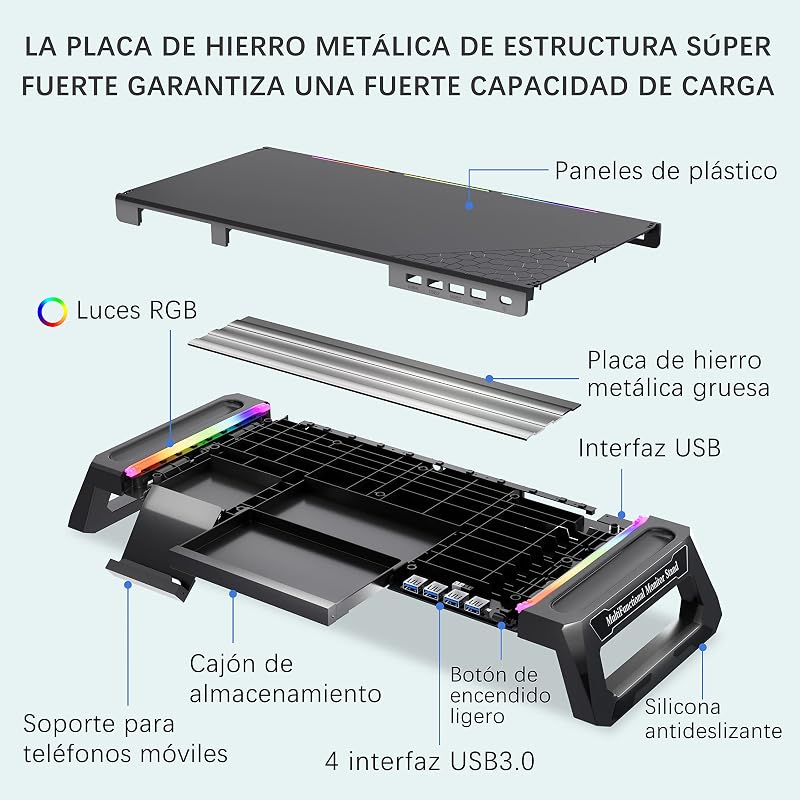 MOOJAY Gaming Monitor Tartó RGB LED-del, USB 3.0 Hub és Fiókkal