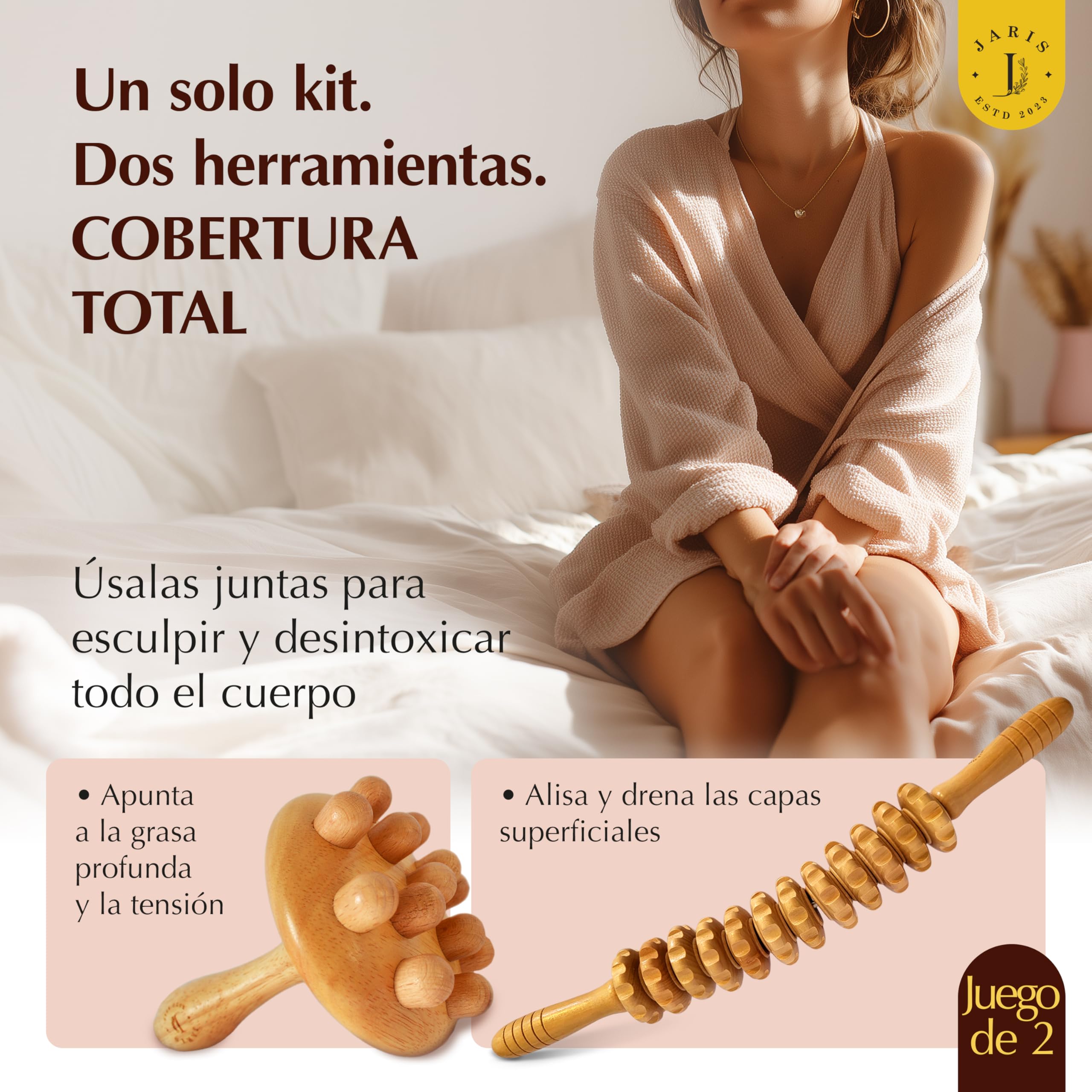 JARIS – Kit de Maderoterapia Corporal Profesional 2 Piezas - Rodillo Anticelulítico Curvo y Champiñón | Maderoterapia abdomen para Celulitis - Piernas y Cuerpo – Instrucciones QR Incluidas