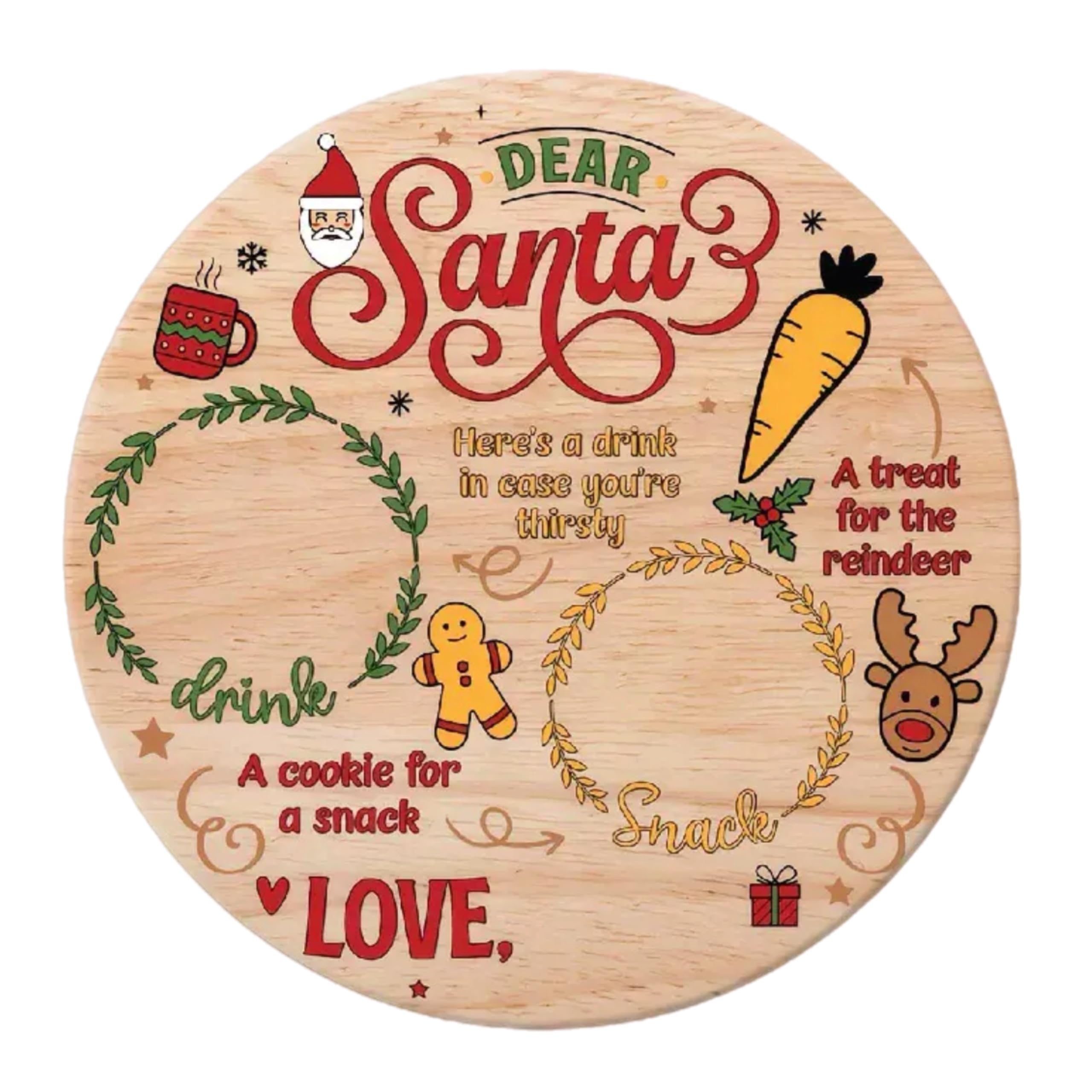 eBoutik - Wooden Christmas Eve Treat Plate for Santa, Sectioned Platter Board with Spaces for Milk, Mince Pies and Carrots (Round Xmas Eve)