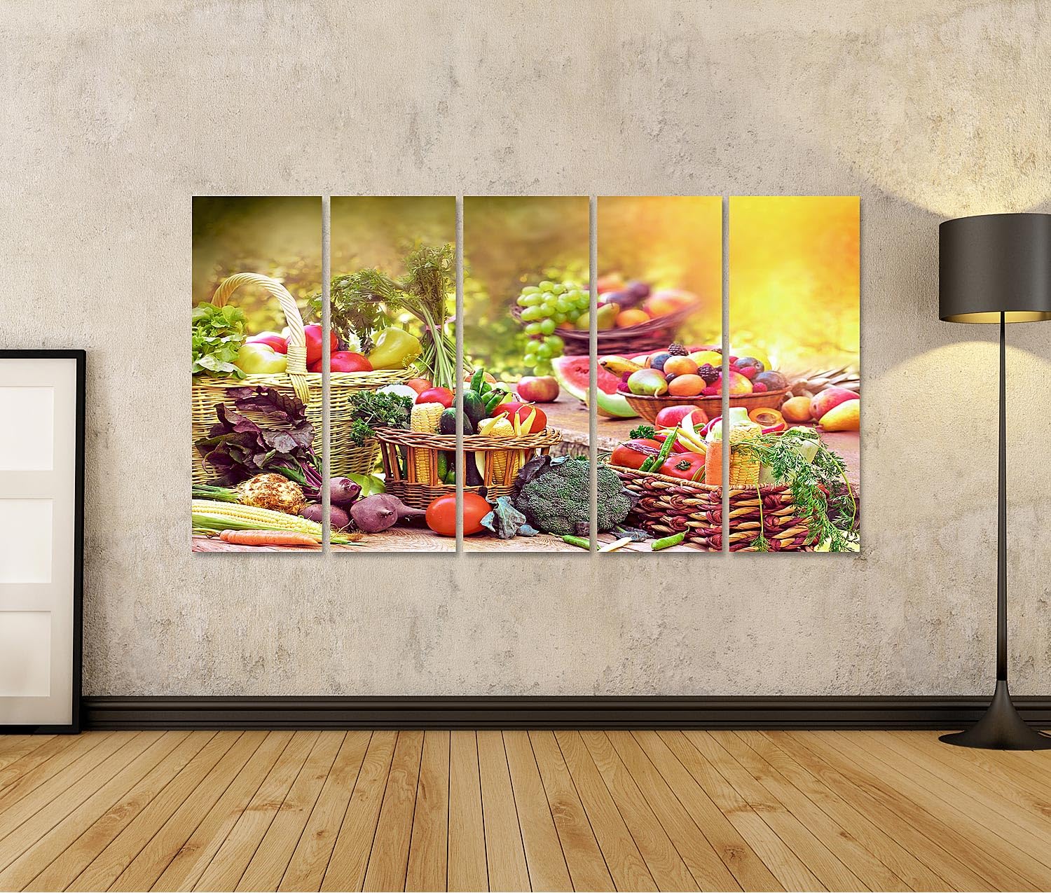 islandburner Quadro Moderno Frutta E Verdura in Ceste sul Tavolo Stampa su Tela - Quadro x poltrone Salotto Cucina mobili Ufficio casa - Fotografica Formato XXL