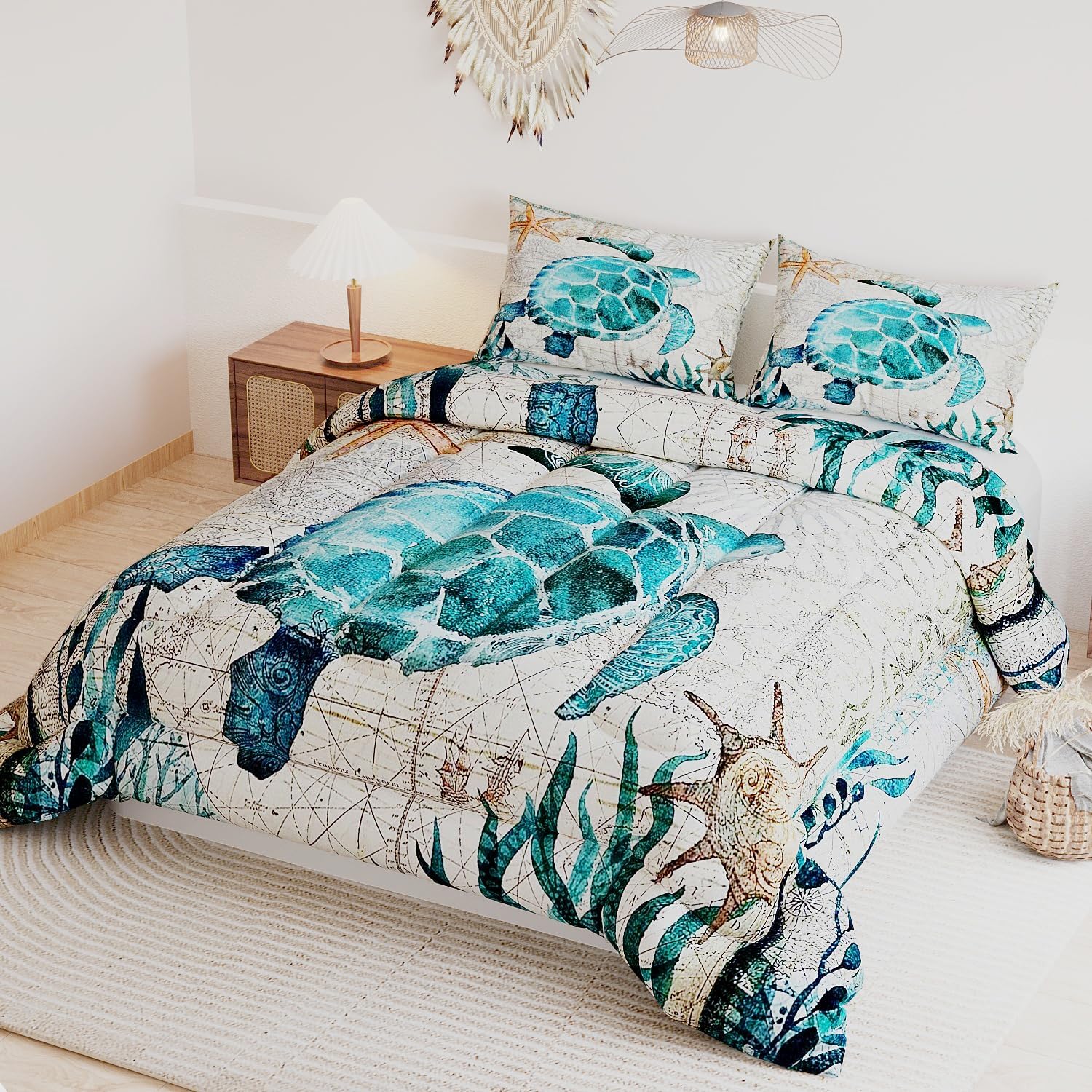 Sea Turtle Comforter Sets for Kids Adults,3D Ocean Pattern with Bright Colors,Decorative Bedding Comforter Sets with 2 Pillow Shams, Twin Size
