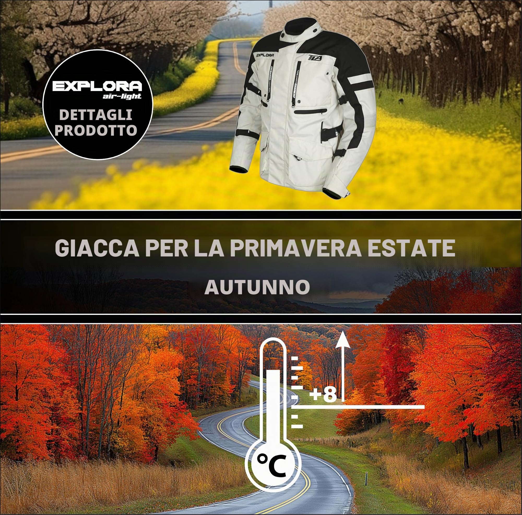 TLA EXPLORA LIGHT Giacca moto con protezioni omologata CE classe A, fodera impermeabile rimovibile, taglie sino 7XL uomo, donna, Giubbotto moto Enduro mezza stagione, estiva