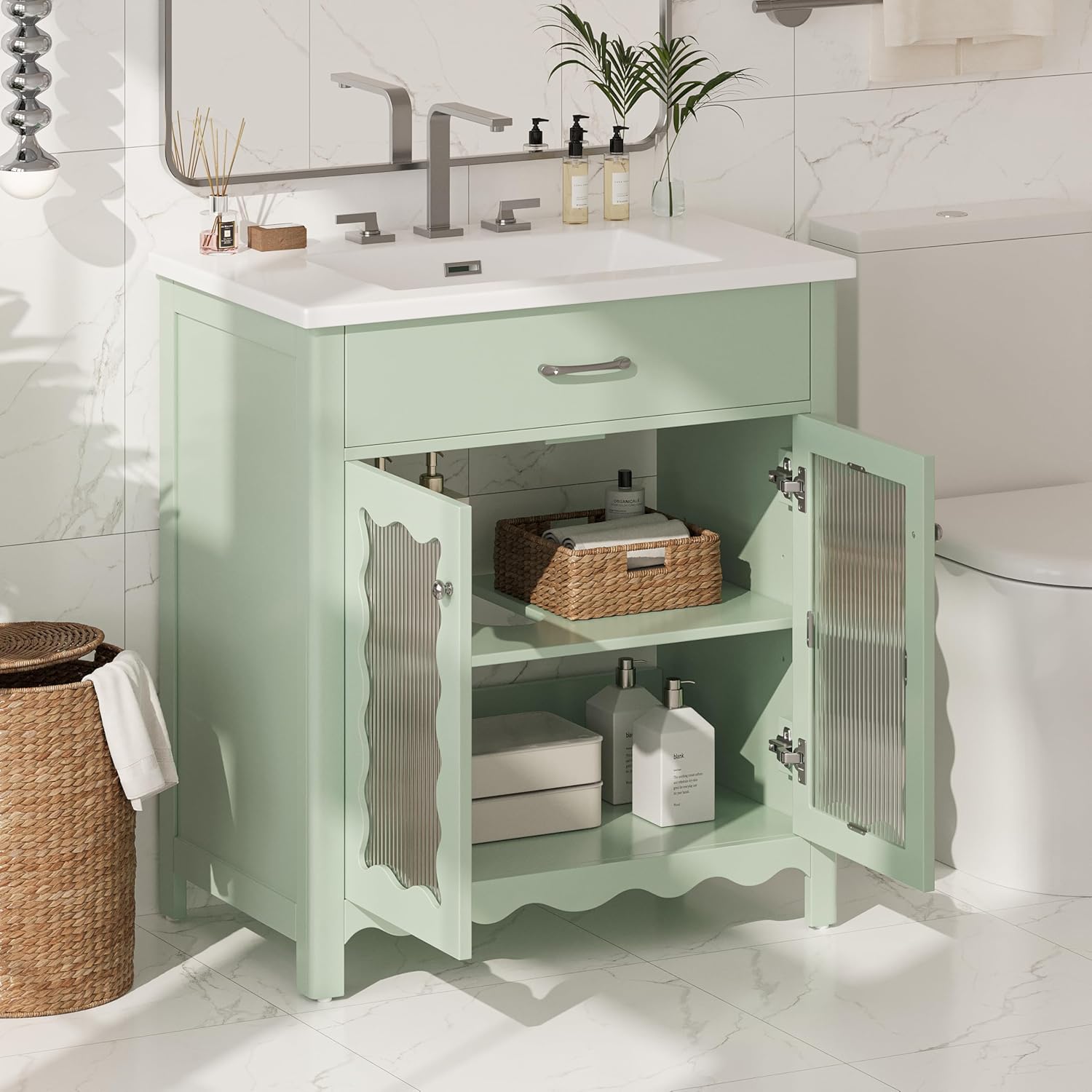 30 Inches Bathroom Vanity with Tempered Glass, Modern Bathroom Cabinet with Rubber Wood Legs and Soft Close Doors, Green