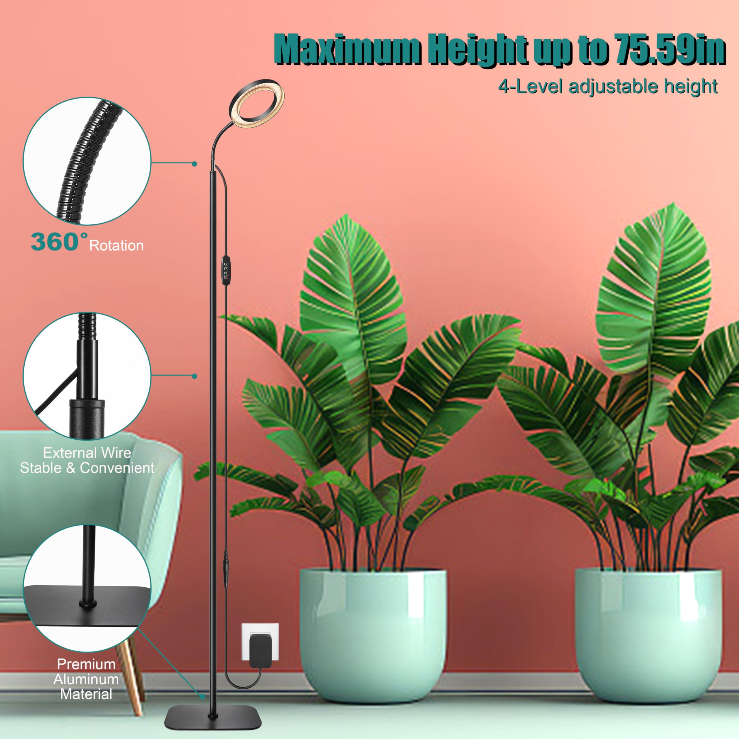 Lámpara LED de espectro completo para plantas de interior, temporizador de 3/9/12 h, 10 niveles de intensidad regulable, altura ajustable, 3000 K para plantas altas, grandes y pequeñas