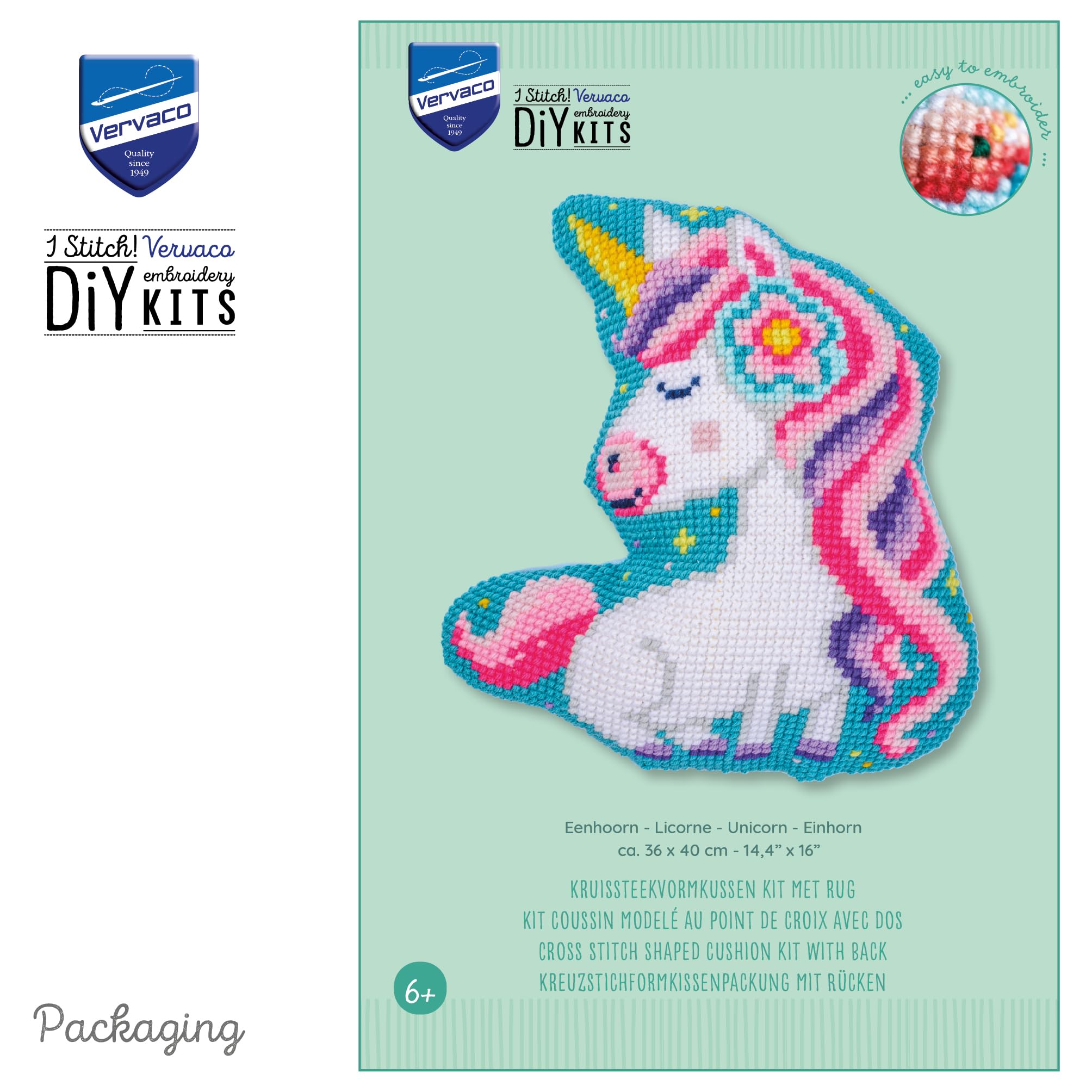 VERVACO Kreuzstich Stickpackungen Kissen Stickerei Set mit Kissenrücken Anfänger Vorgedruckt EINHORN DIY Set Kreativ Set Für Erwachsene36 x 40 cm Bastelset Handwerker Haus Dekoration