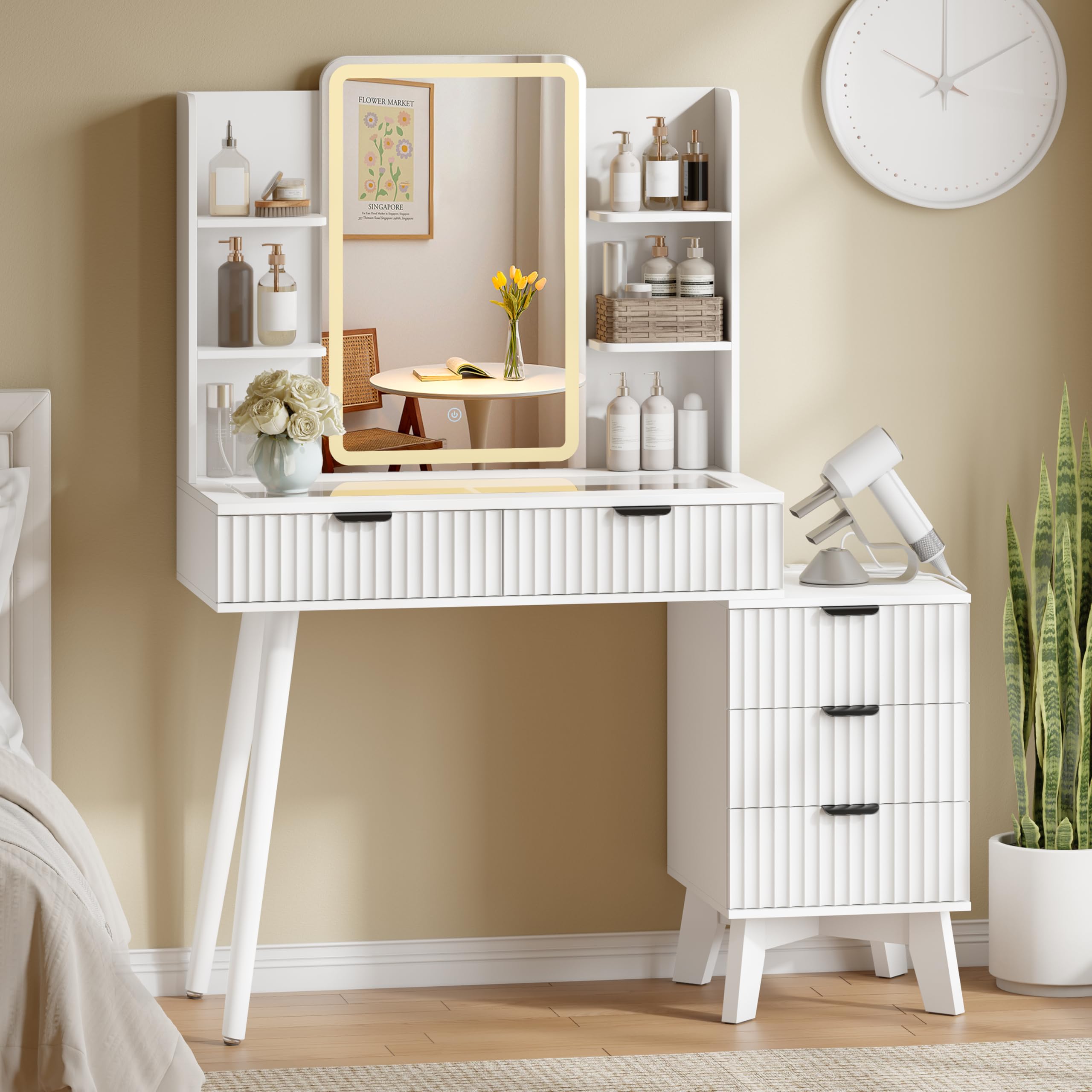 IAISRO Fluted Makeup Vanity Desk with Mirror and Lights, 42