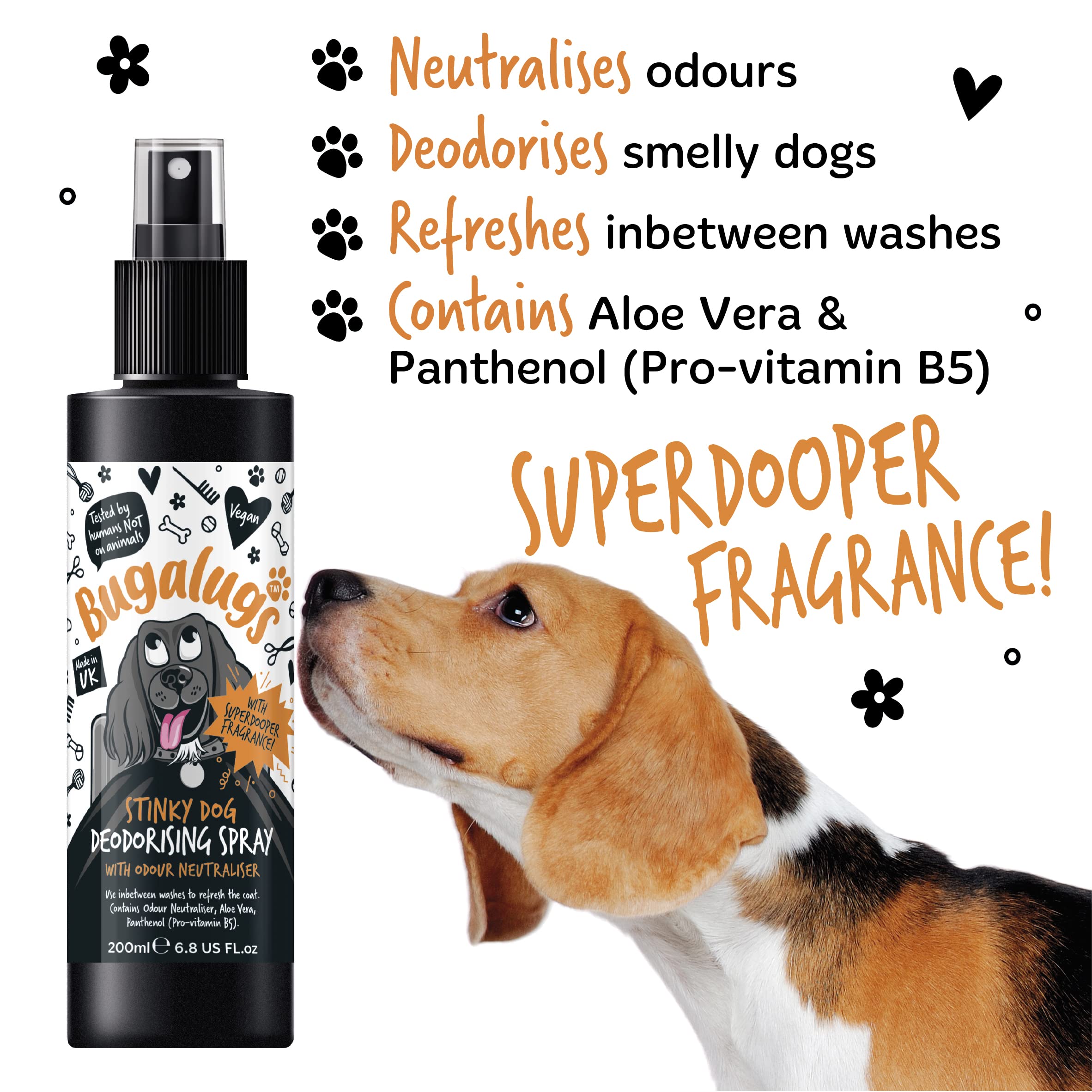 BUGALUGS Stinky Dog Deospray für Hunde, Geruchskontrolle, 200 ml, beseitigt schlechte Gerüche, frischer und langanhaltender Duft, weiche Formel, für den täglichen Gebrauch, alle Arten von Fell und