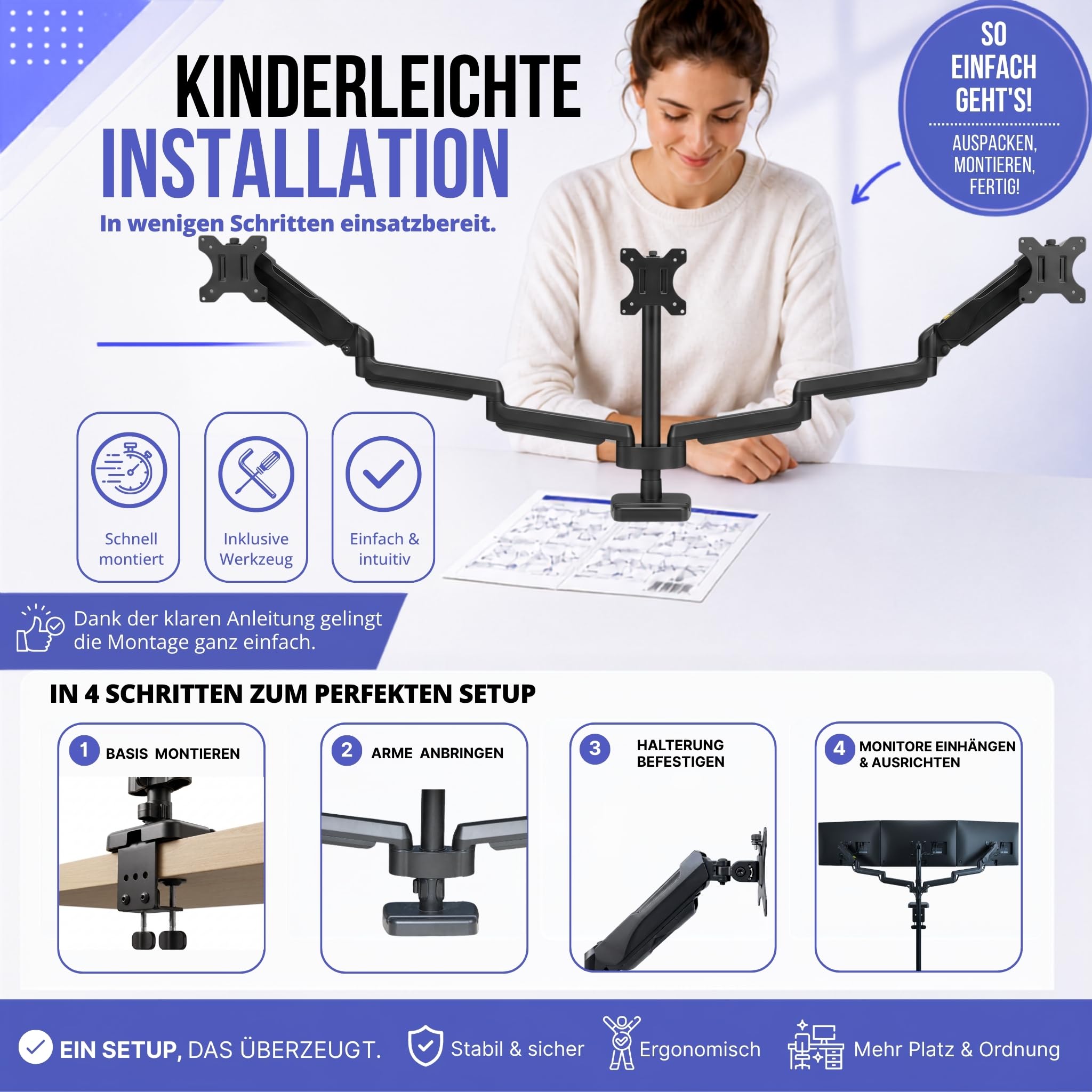 Monitor Halterung 3 Monitore für 14 bis 32 Zoll 360° Beweglichkeit