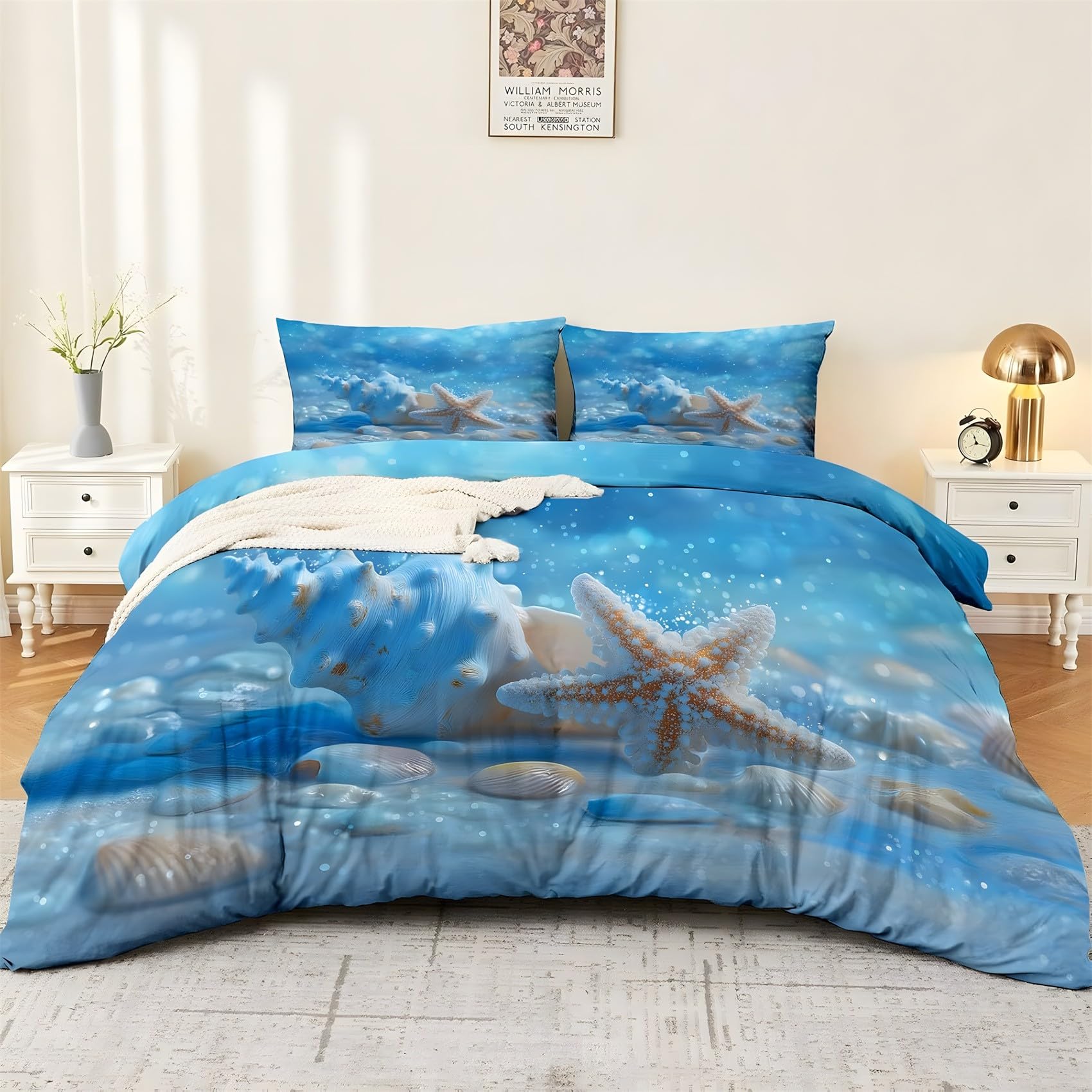 Housse de couette 200x200 bleu étoile de mer parure de lit microfibre avec fermeture éclair