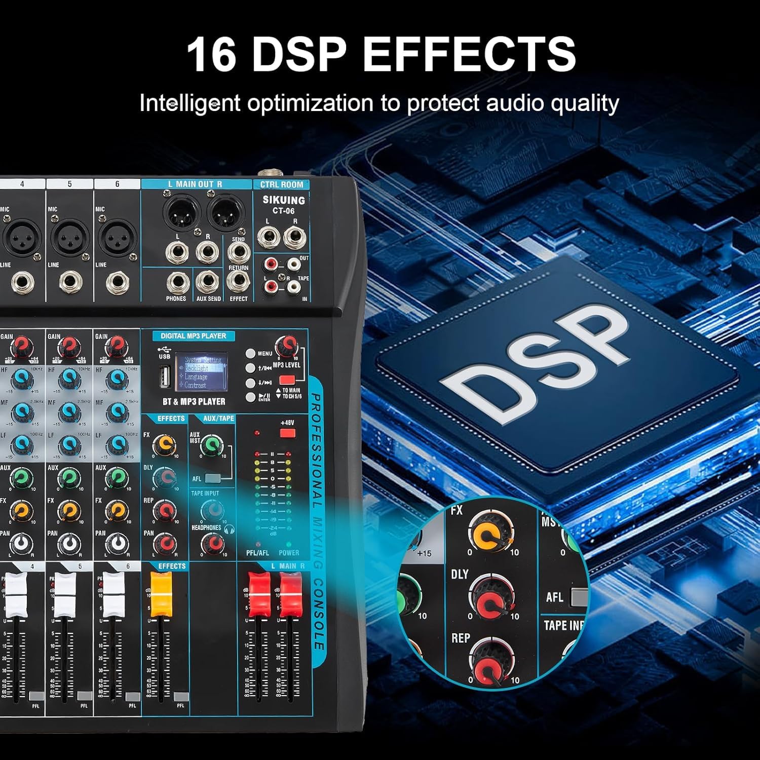 Audio Mixer Professionale a 6 Canali per Streaming Con Effetto 16 DSP, Interfaccia USB e Phantom Power da 48 V - Stereo DJ per PC Recording/DJ Palcoscenico