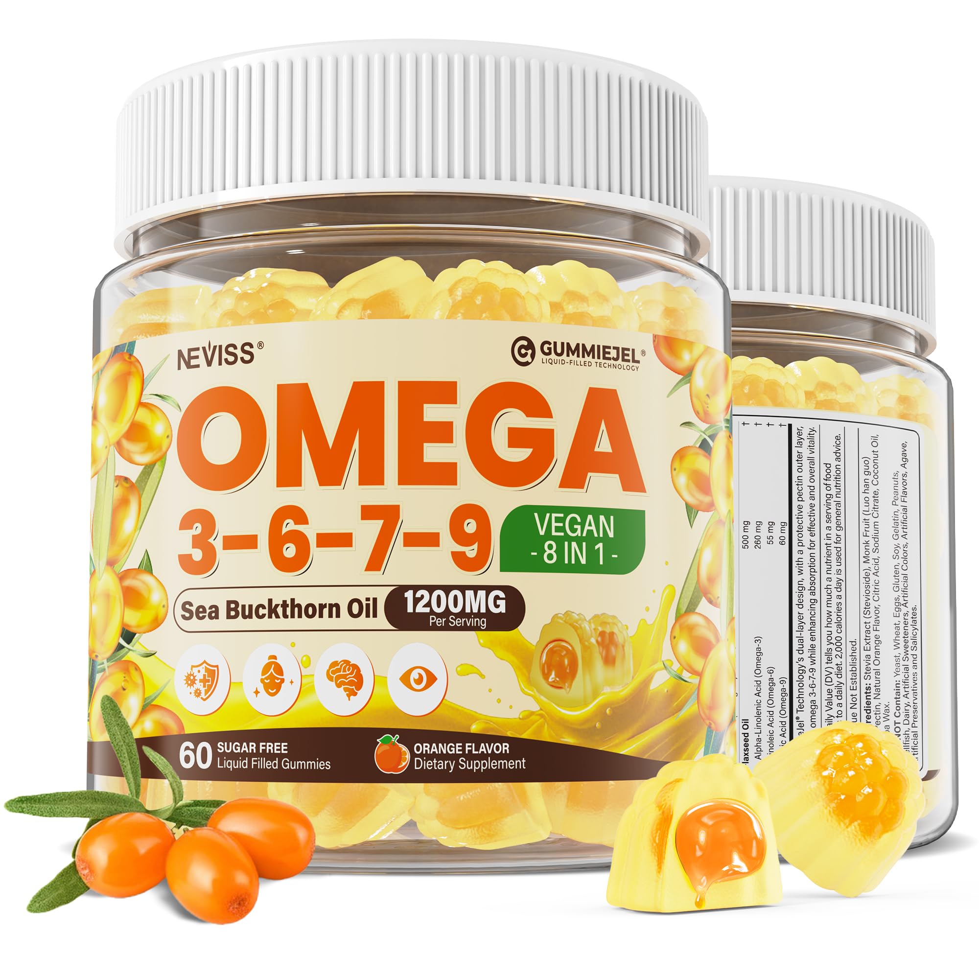 Omega 3 6 7 9 Gummies, Sea Buckthorn Oil 1200MG & Flaxseed Oil 500MG, 60 Ct 60 Count (Pack of 1)