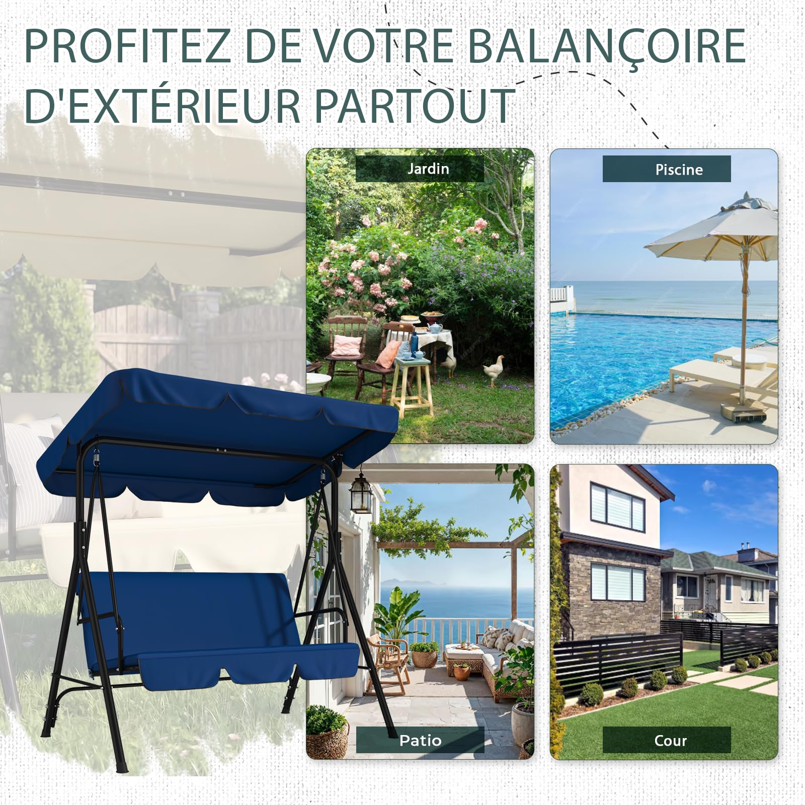 YODOLLA Balancelle de Jardin 3 Places, Auvent Réglable & Coussin Amovible, Charge 204kg, Balancoire Extérieure pour Terrasse, Piscine, Porche, 172 × 112 × 151 cm (Bleu)