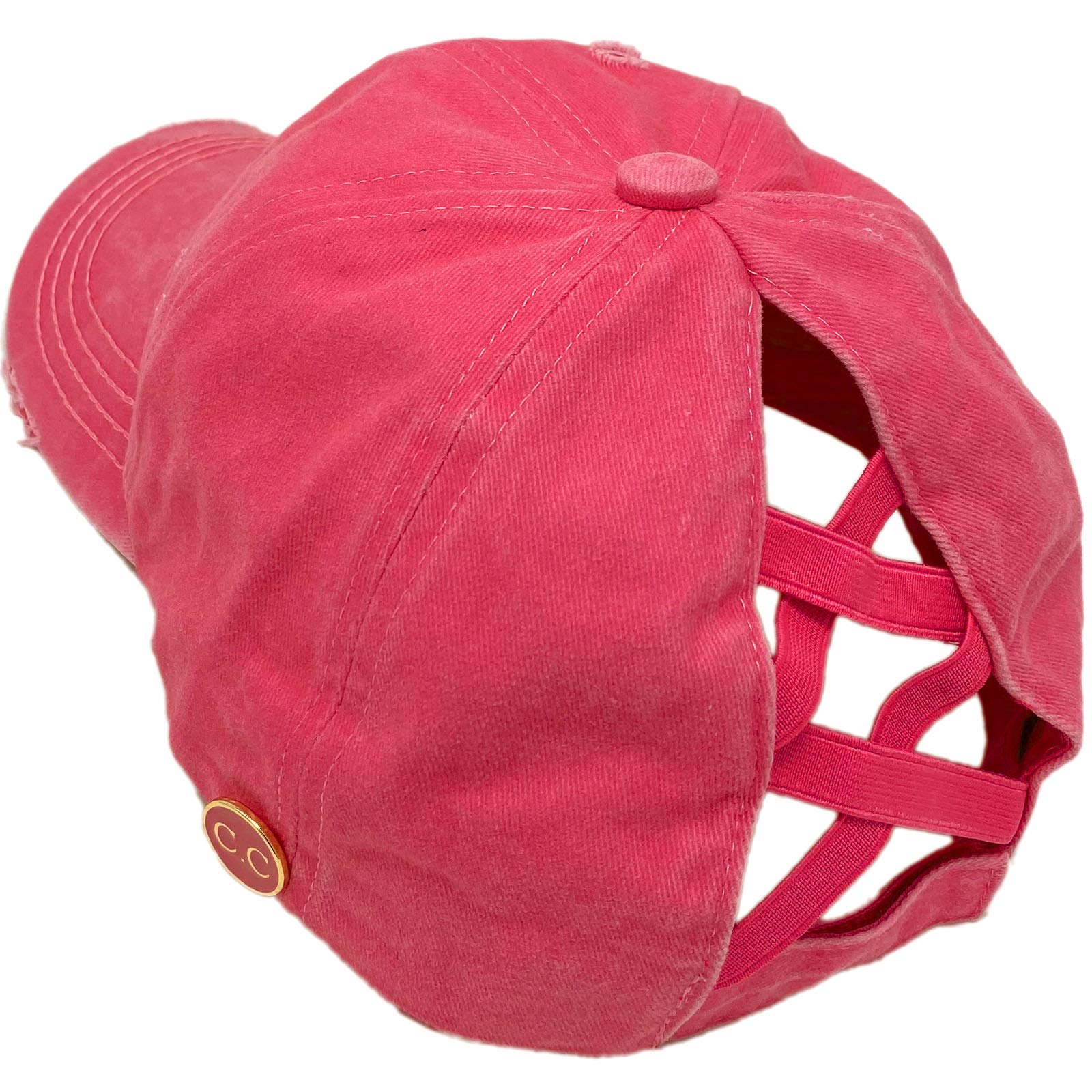 C.C Ponytail Criss Cross Messy Buns Ponycaps Baseball Cap Dad Trucker Mesh Hat (Button Hook Distressed Pink)