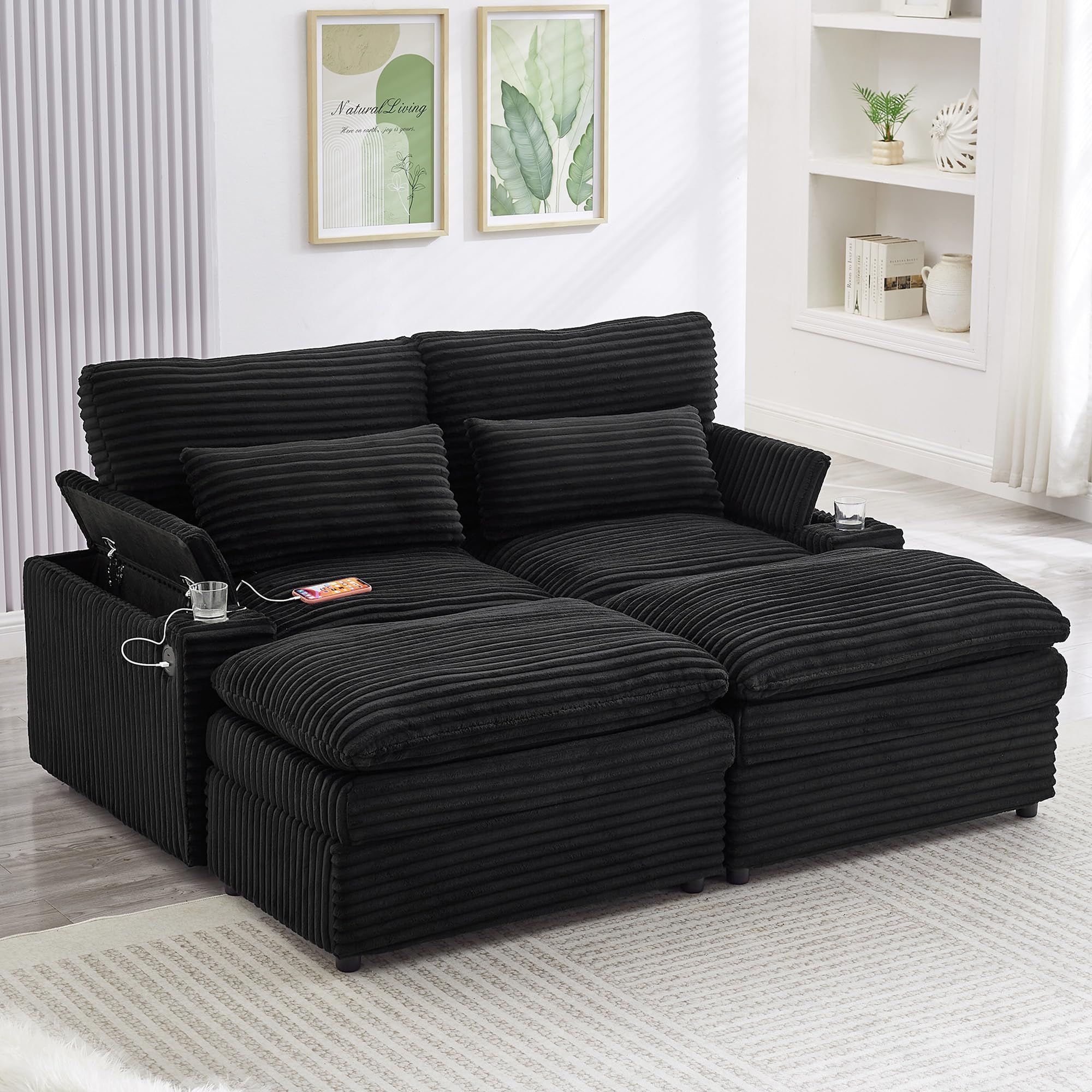 Loveseat Sofa 70.9" Free-Combined Sectional Convertible Sofa Bed with Storage Space, Two Movable Ottomans, Four USB Ports and Two Cup Holders,Corduroy Upholstery for Living Room, Black