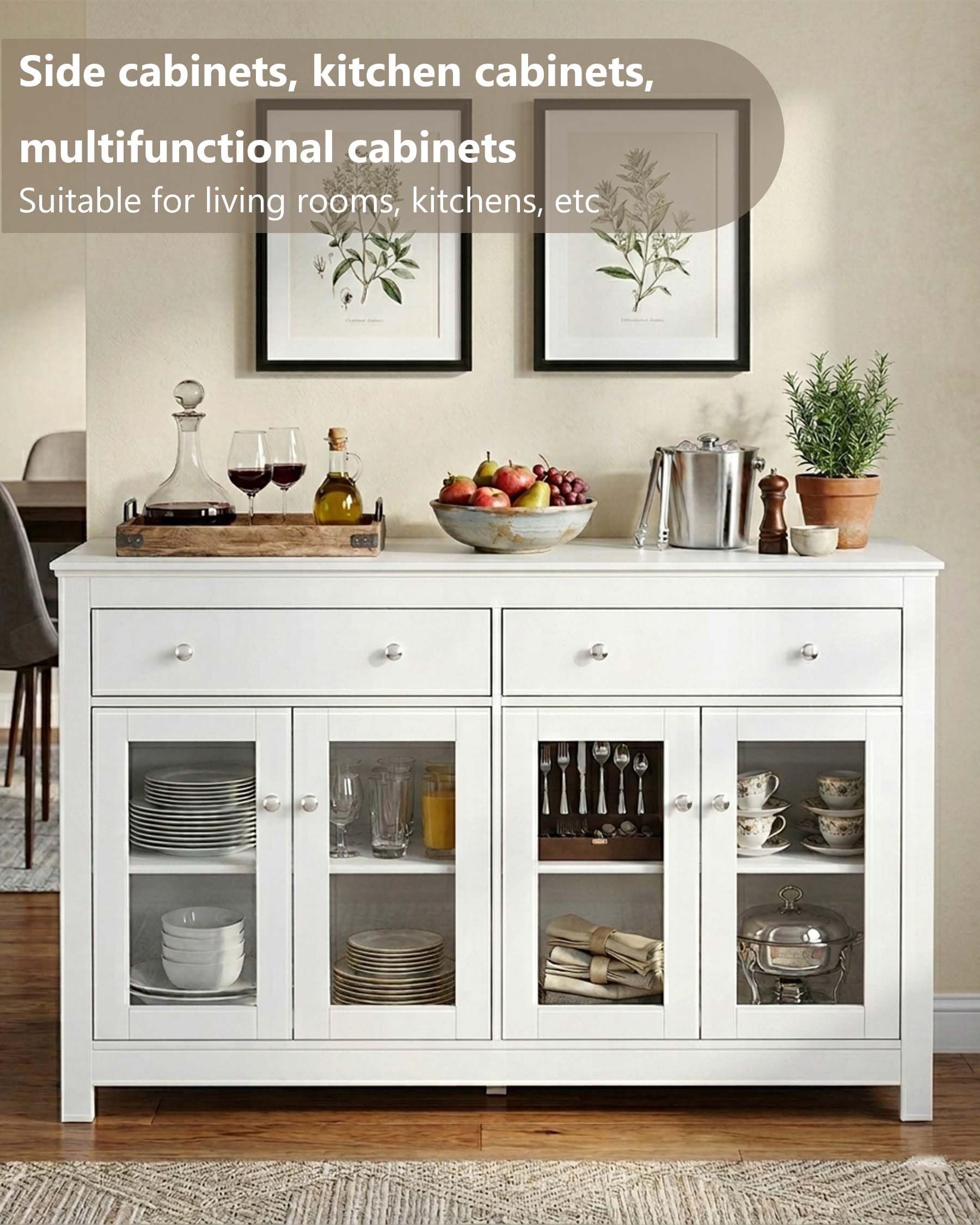 Aparador Blanco de Cocina, Mueble Auxiliar Moderno con Puertas de Vidrio y Alacena Grande con Cajones para Salón o Comedor 140x40x90.7cm