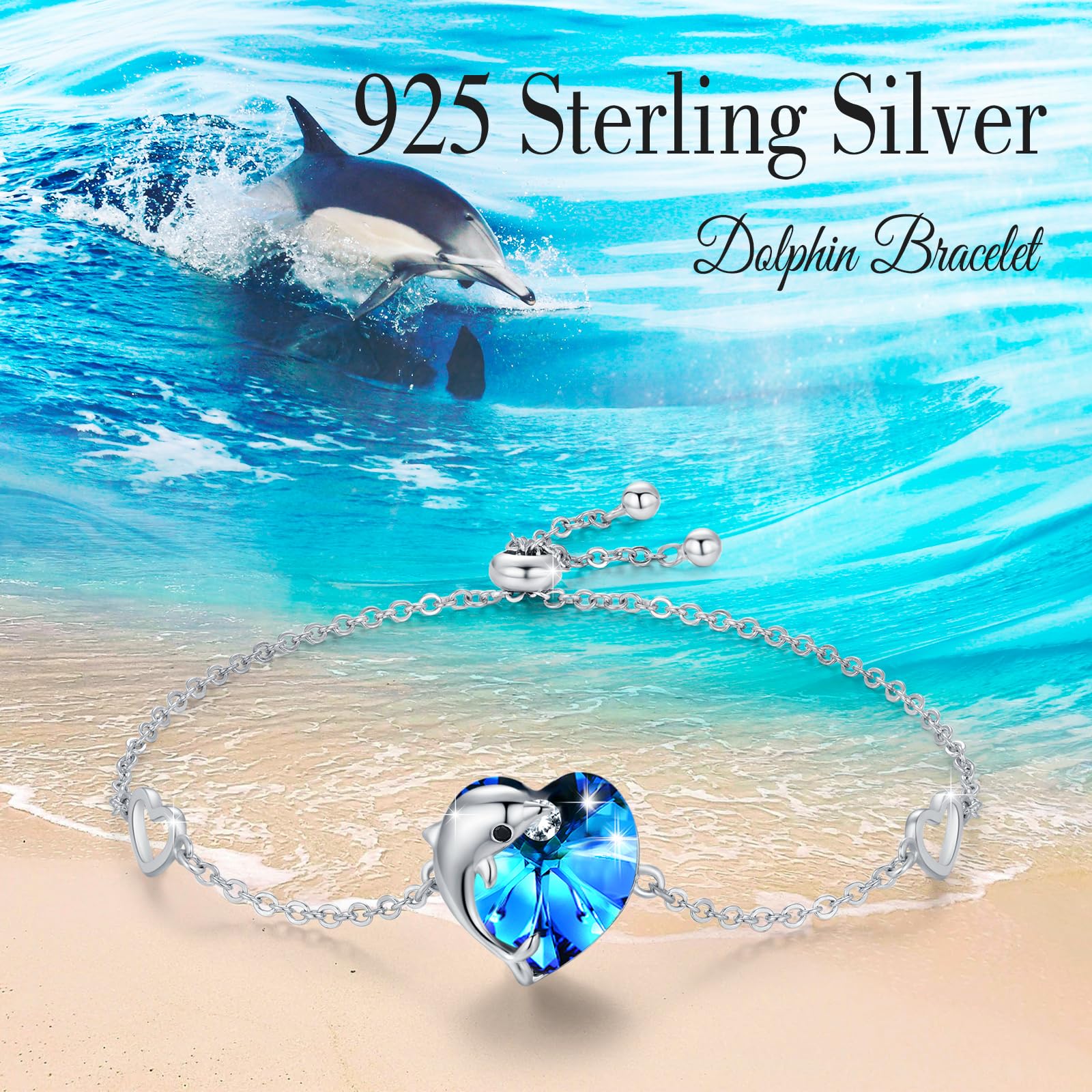 REDSUN Pulsera con colgante de delfín S925, plata de ley 925, pulseras con forma de delfín, diseño de corazón azul, cristal ajustable, para mujer, niña, esposa, novia, Navidad, regalo de cumpleaños