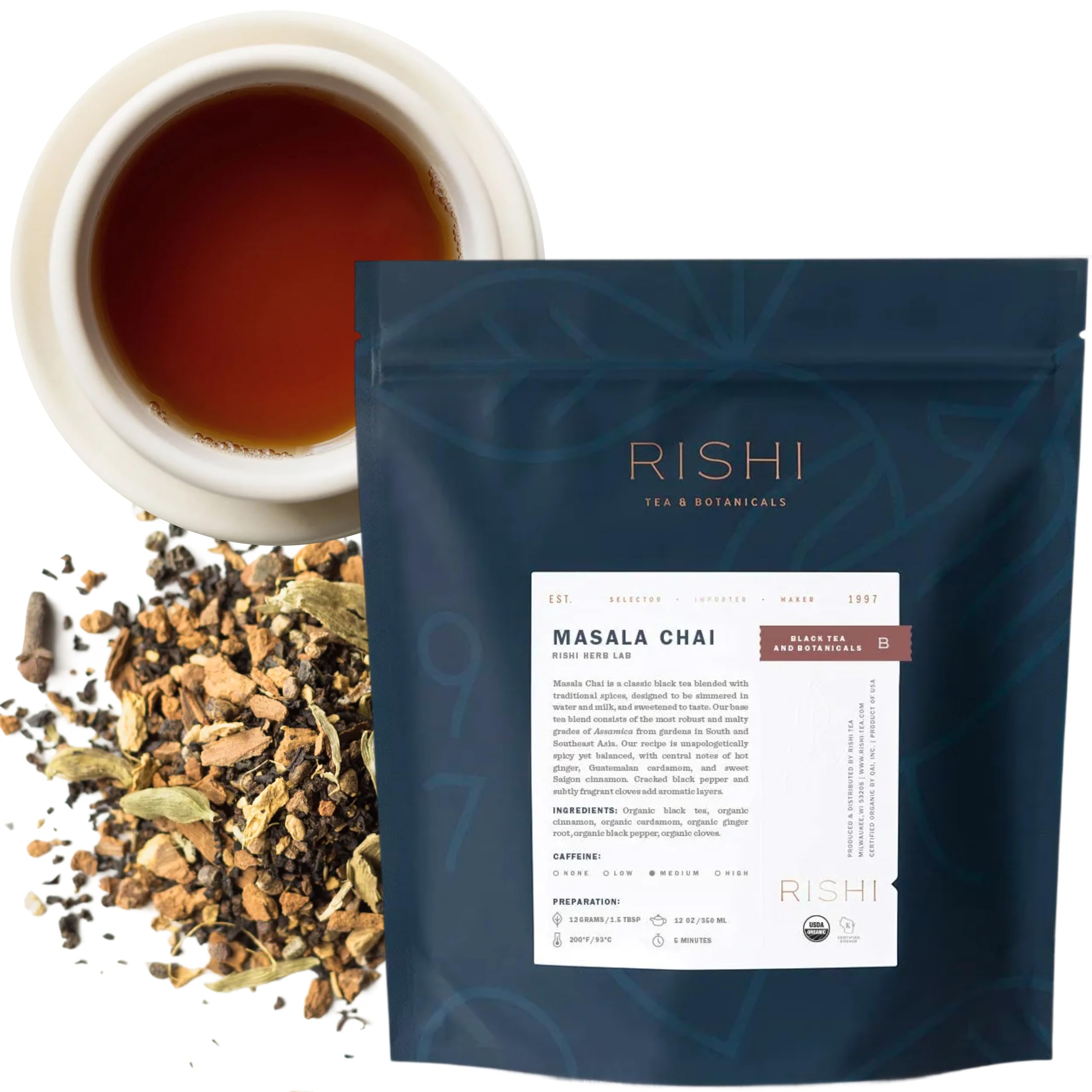 Rishi Tea Masala Chai Tea - Organic, Loose Leaf Assam Black Tea Blend with Whole Spices, Energizing & Caffeinated - 16 Ounces, 37+ Servings