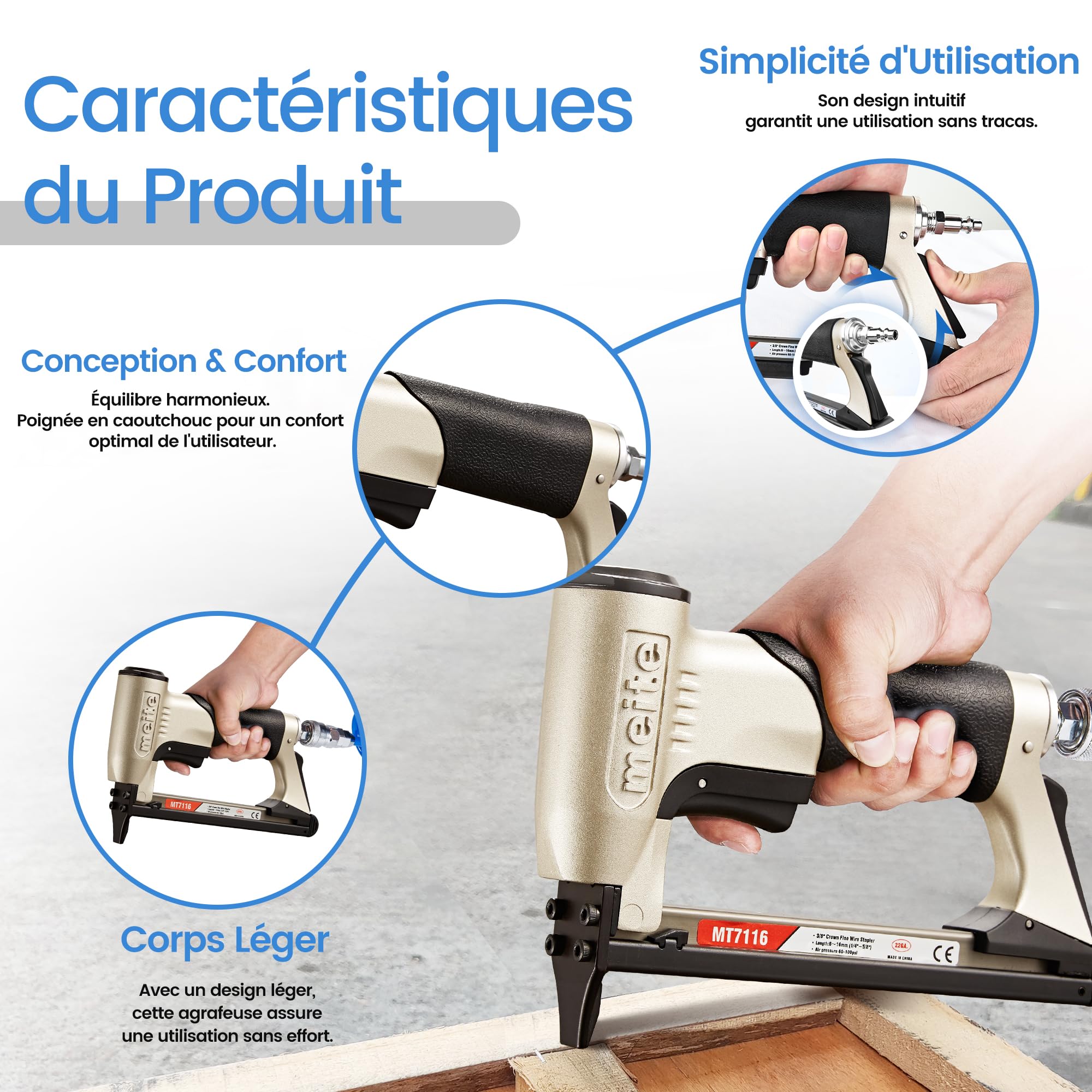 meite MT7116 Agrafeuse Tapissier Pneumatique, Utilise des Agrafes de Type 71, Agrafes 6 à 16 mm, Couronne 9,1 mm – Pression de Travail 4–7 bar – Agrafeuse Pneumatique Pour Meubles et Travail du Bois