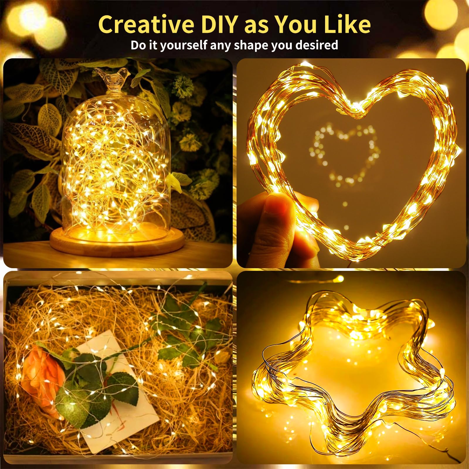 Bsgifts Guirnalda de luces recargables que funcionan con pilas, 33 pies, 100 luces LED con control remoto, impermeable, mini luces parpadeantes para dormitorio, Navidad, boda, decoración al aire libre