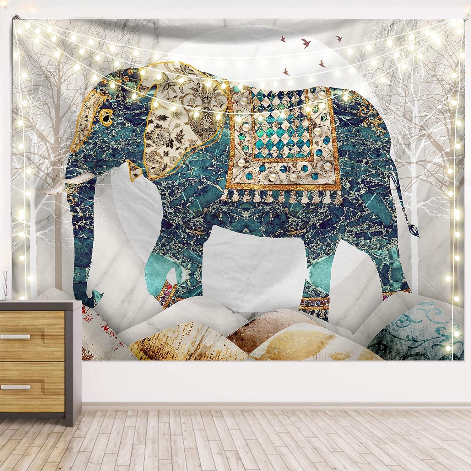 Elephant Tapestry, Forest Moon Tapestries, Bohemian Hippie Trippy Aesthetic Wall Tapestry, Watercolor Yoga Mystic Vintage Wall Hanging, Home Decor for Bedrooms Living Rooms Dorm Studios (150 * 130cm)