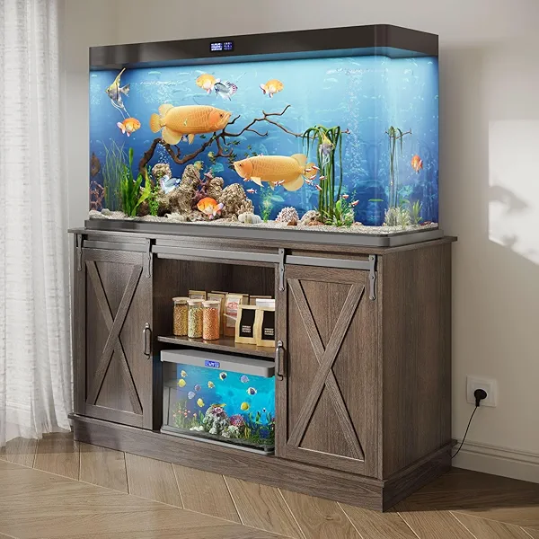 55-75 Gallon Fish Tank Stand with Power Outlets & LED Light, Farmhouse Wooden Heavy Duty 75 Gallon Aquarium Stand with Sliding Barn Door for Fish/Turtle/Reptile Tank-Brown 52" Lx 19.7" W x 31.4" H