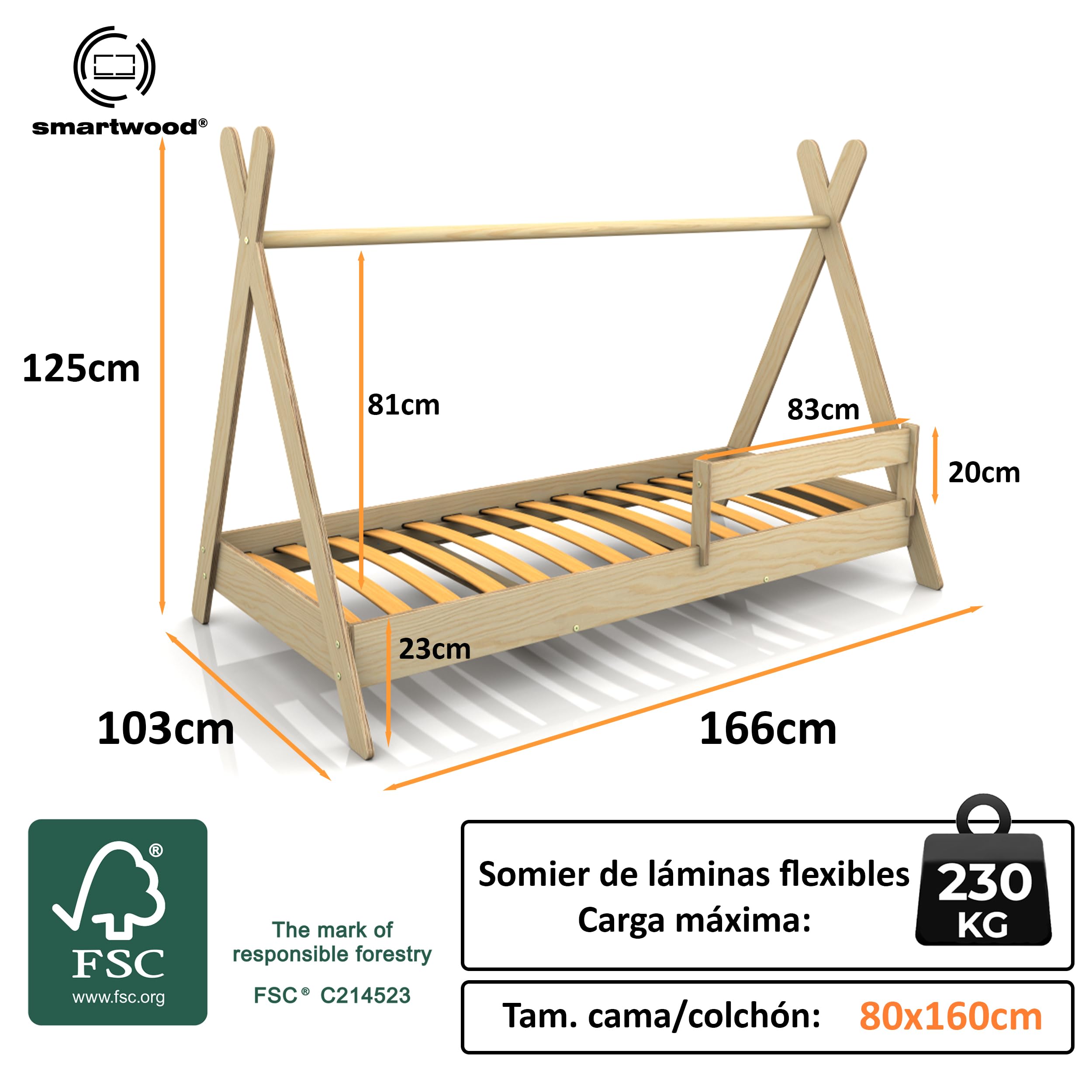 smartwood Cama Casita 80x160 cm - Cama Infantil Tipi de Madera de Pino FSC con Barandilla Anti-caídas y Somier de Lamas hasta 230 kg - para Niño y Niña - Montaje Fácil