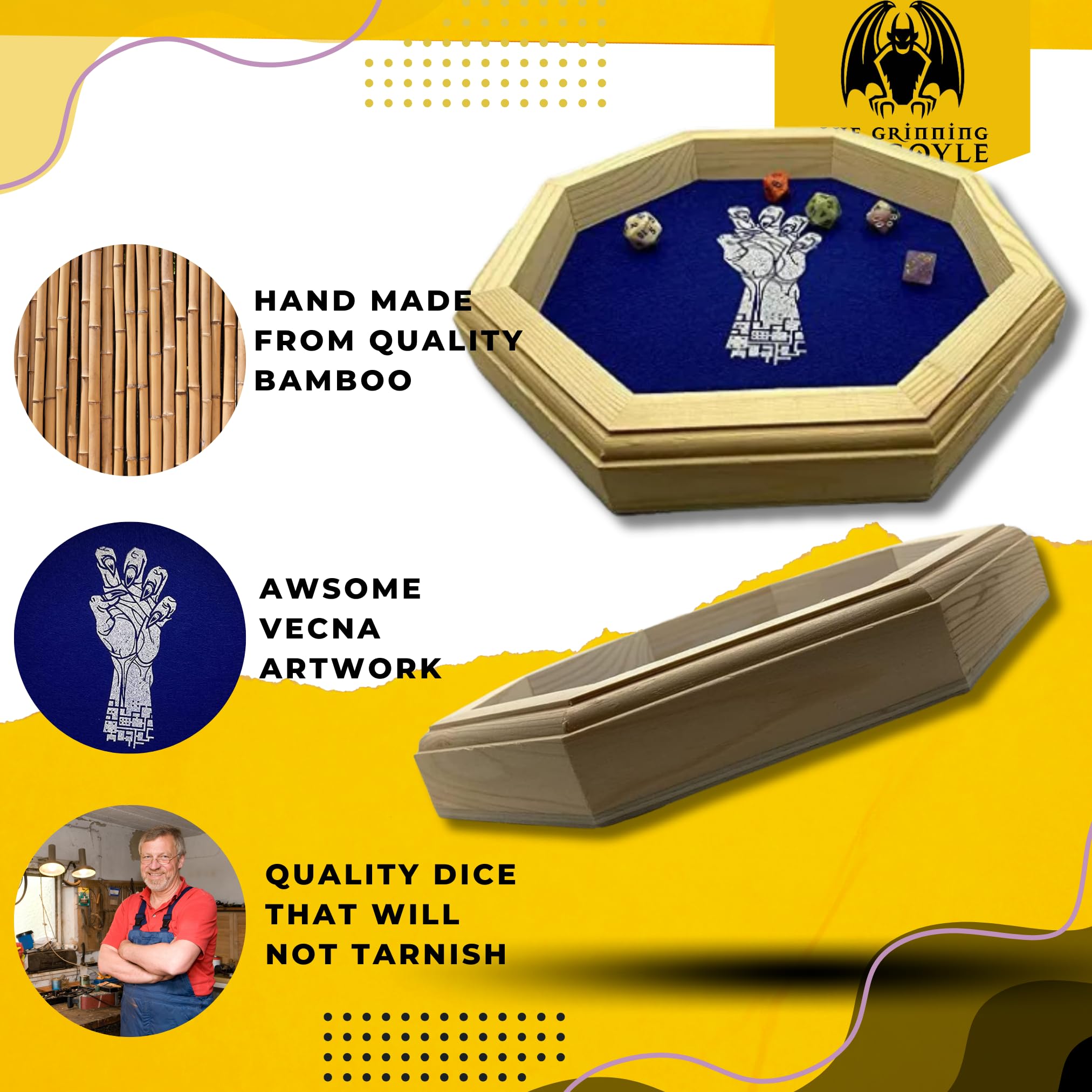 Vassoio per Dadi Deluxe in Legno di Bambù 30 cm - Accessorio Ottagonale per DnD e D&D - Rullo per Dadi Poliedrici e RPG (Vecna)