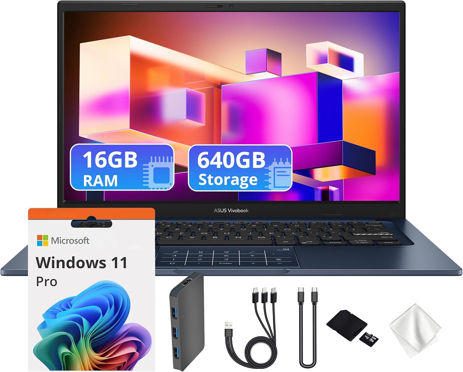 Asus VivoBook 14 אינץ' FHD Business Laptop, Intel i5-1334u, Intel UHD Graphics, 16GB RAM, 640GB אחסון (512GB SSD&128GB Set Station), CoPilot, WEBAC, Wi-Fi, Anti-Glare, Win 11 Pro, Blue, Blue, Blue