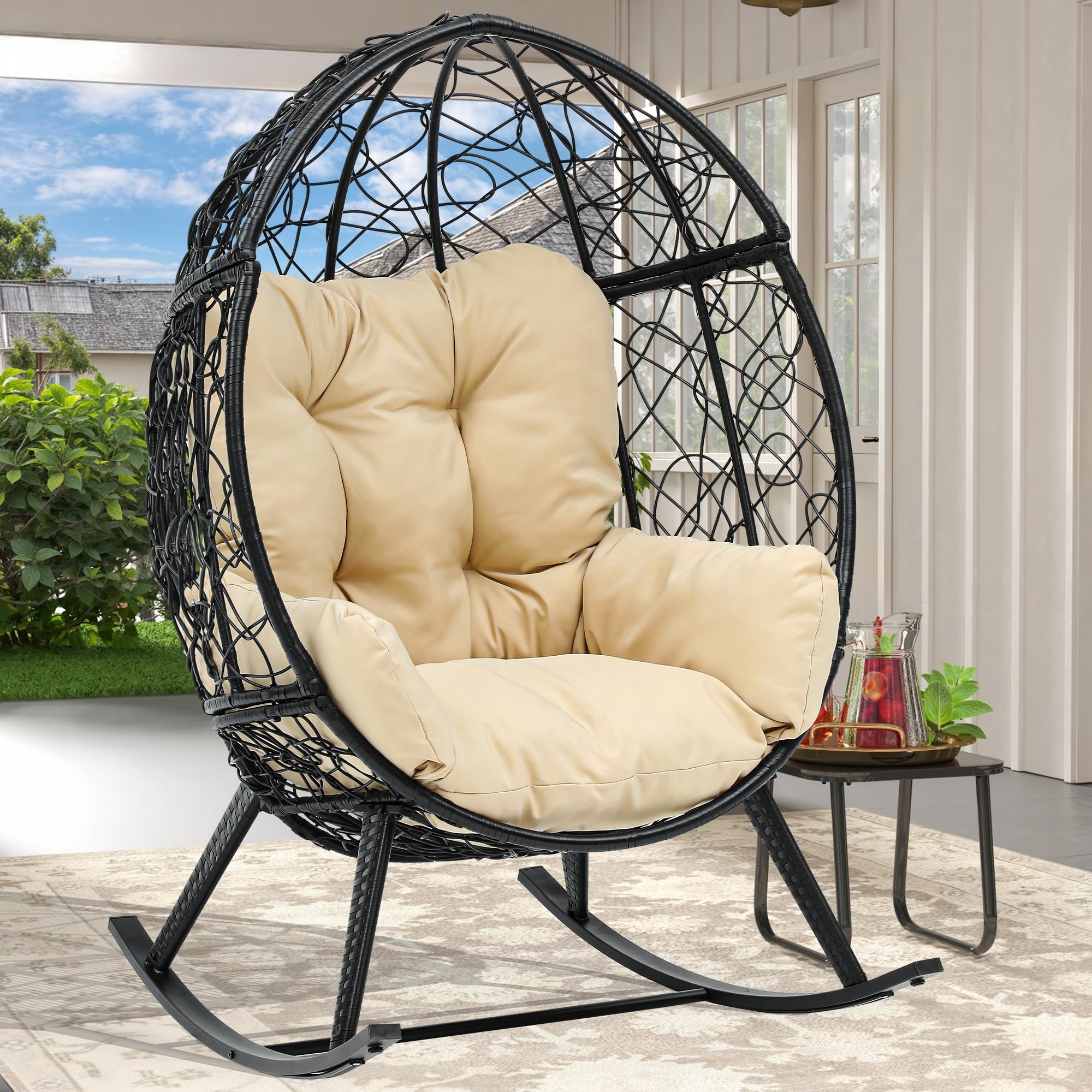 DWVO Wicker Rocking Egg Chair, Oversized Indoor Outdoor Rattan Rocking Chair, Indoor Outdoor Lounger for Patio, Backyard, Living Room, Black & Beige