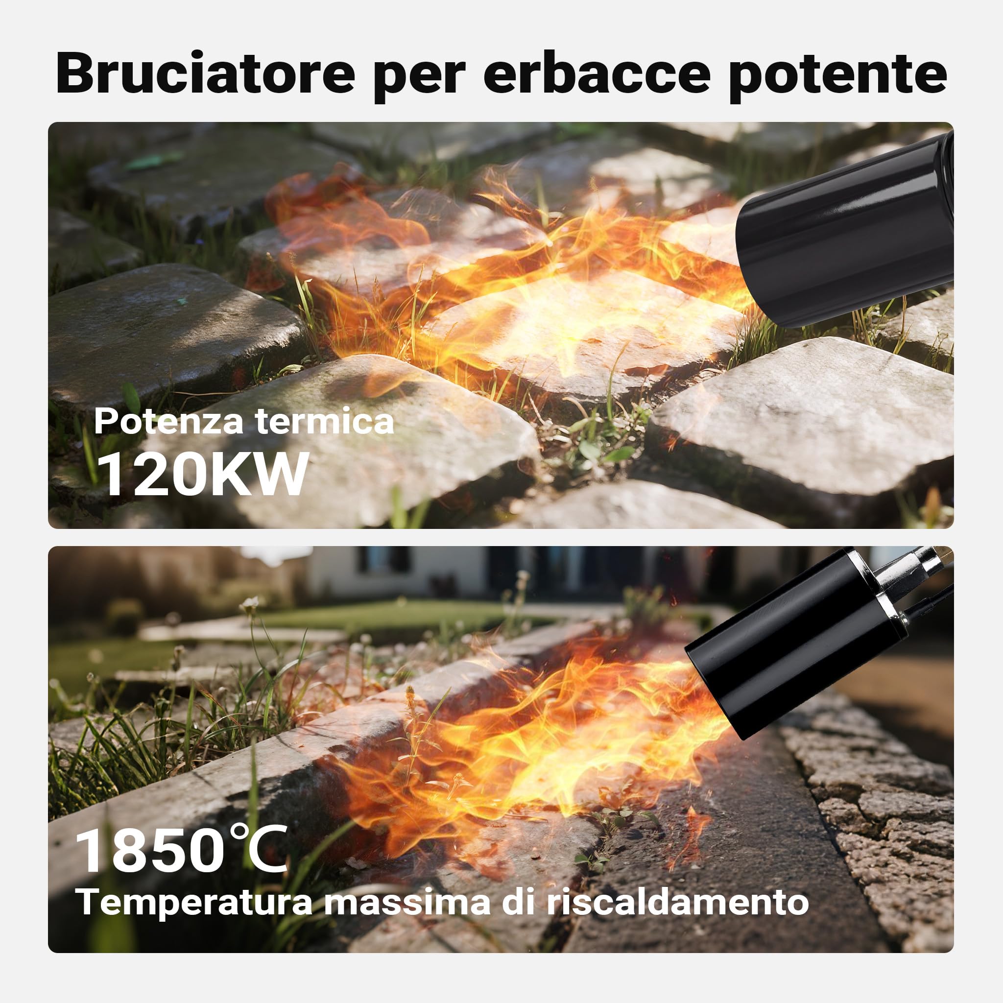 Wiltec Bruciatore erbacce con accensione piezoelettrica fino a 1850 °C, diserbante a gas da 120 kW, strumento per bruciare le erbacce, bruciatore per tetti con tubo flessibile da 5 m