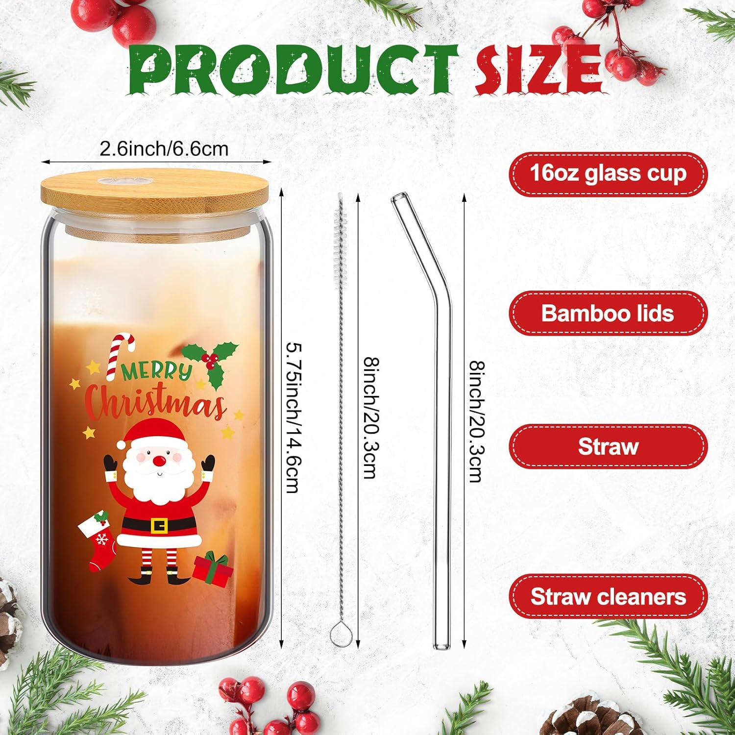 Skylety 12 Pcs Christmas Glasses Cups with Bamboo Lids and Straws, 16 oz Funny Xmas Drinking Glasses, Iced Coffee Cups, Christmas Gifts Can Shaped Tumbler Mason Jars Cups for Women Men